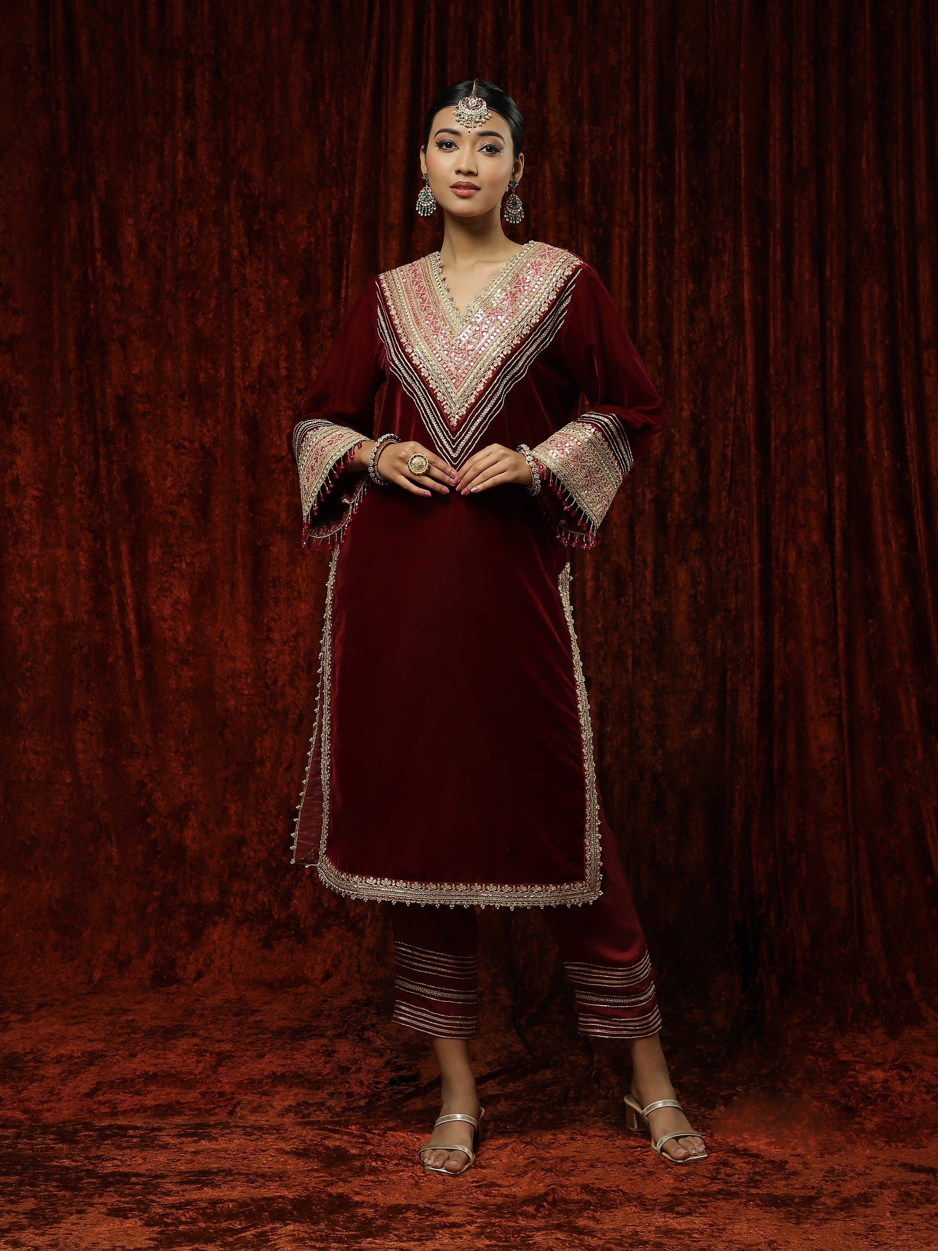 Maroon & Rani Velvet Kurta Pant Set