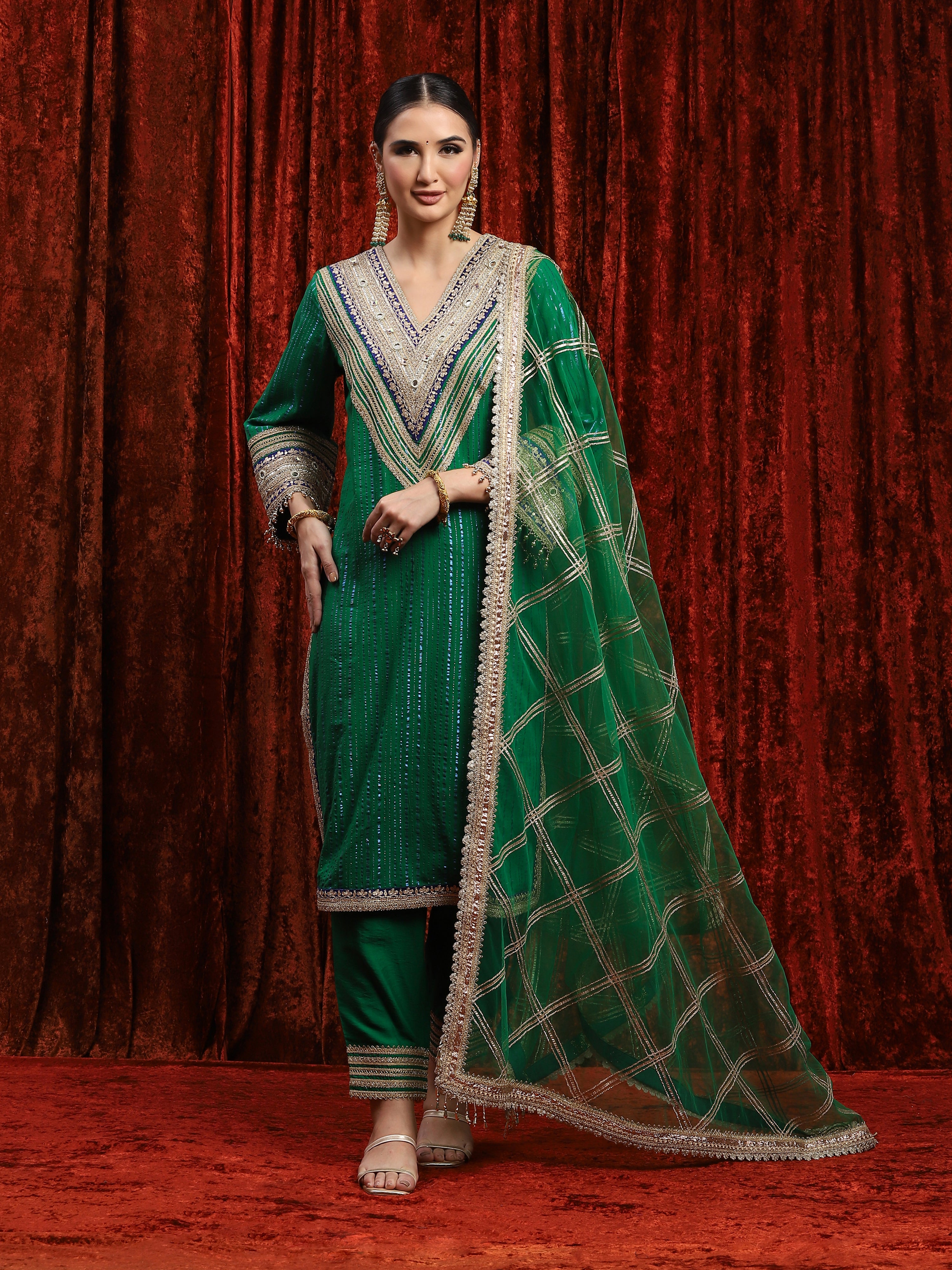 Green & Blue Kurta Pant Dupatta Set