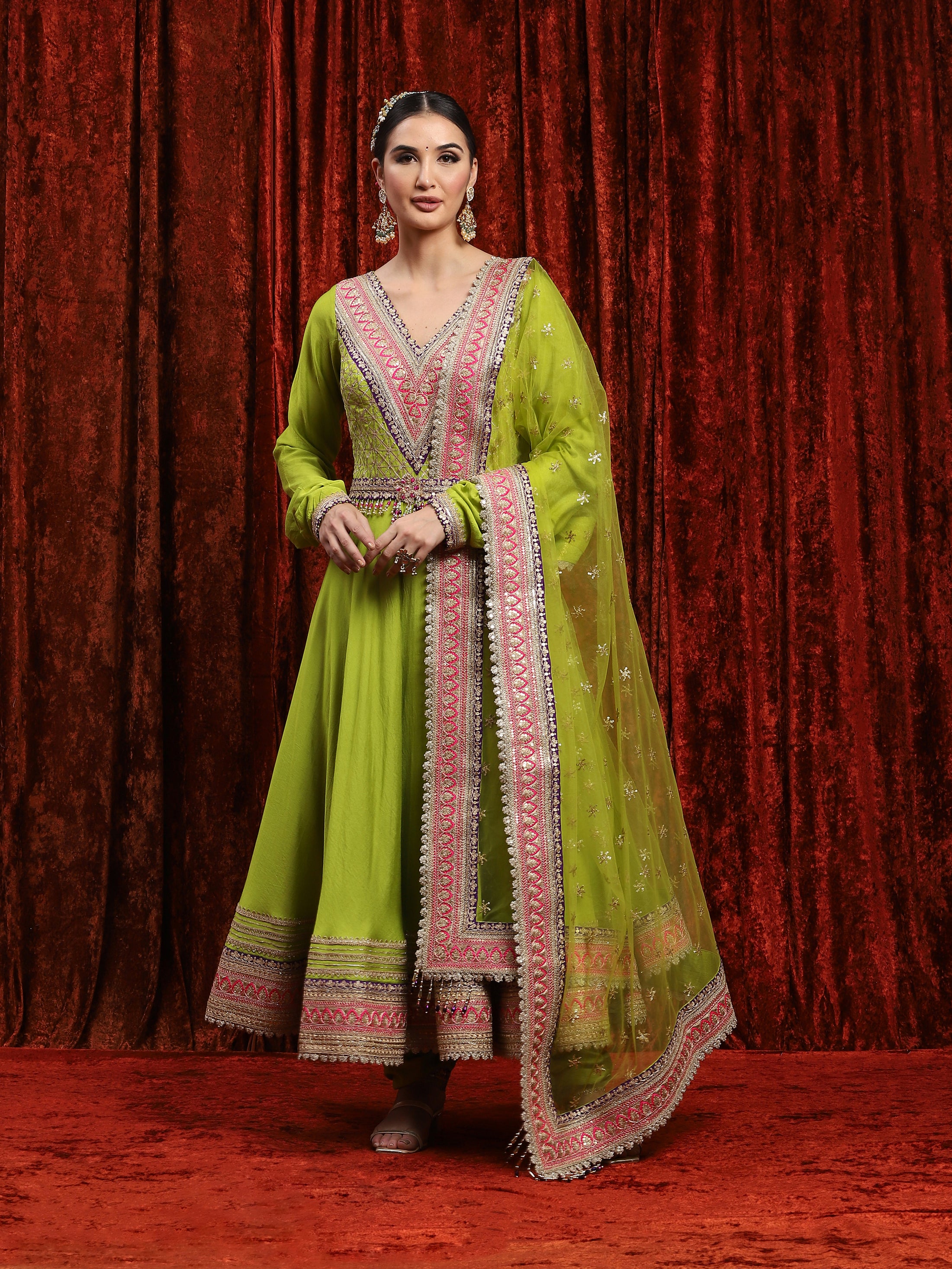 Dark Lemon Green Rani Pink & Purple Silk Chanderi Anarkali Suit