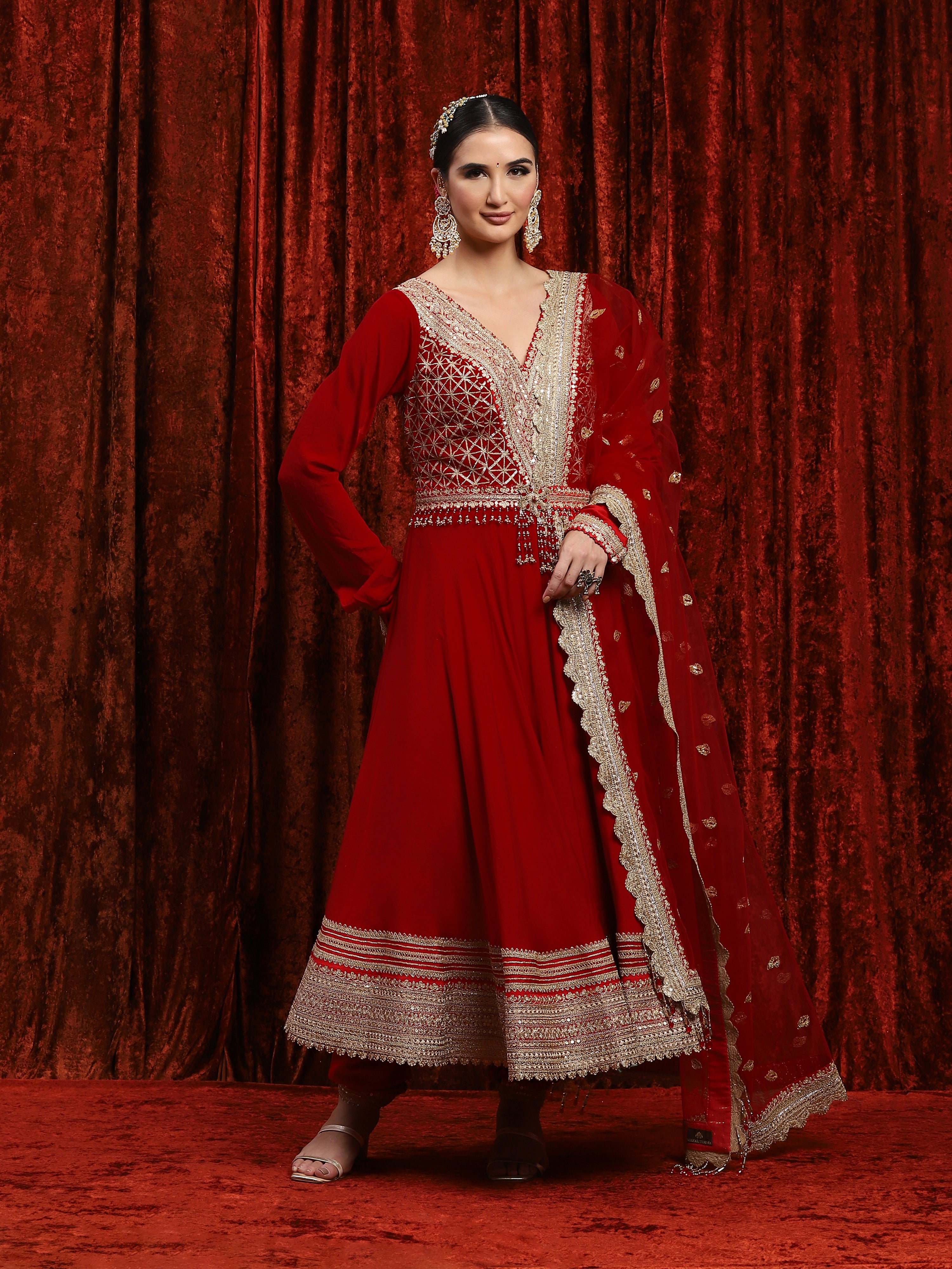 Red Silk Chanderi Anarkali Suit