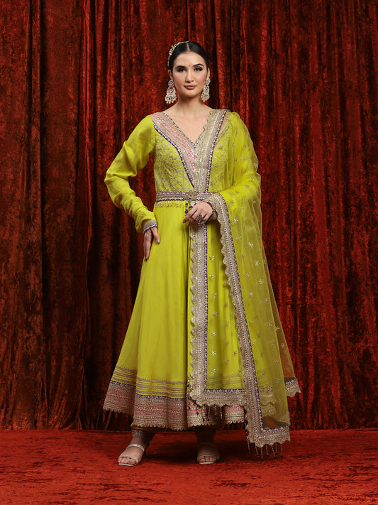 Lemon Green, Rani Pink & Purple Silk Chanderi Anarkali Suit