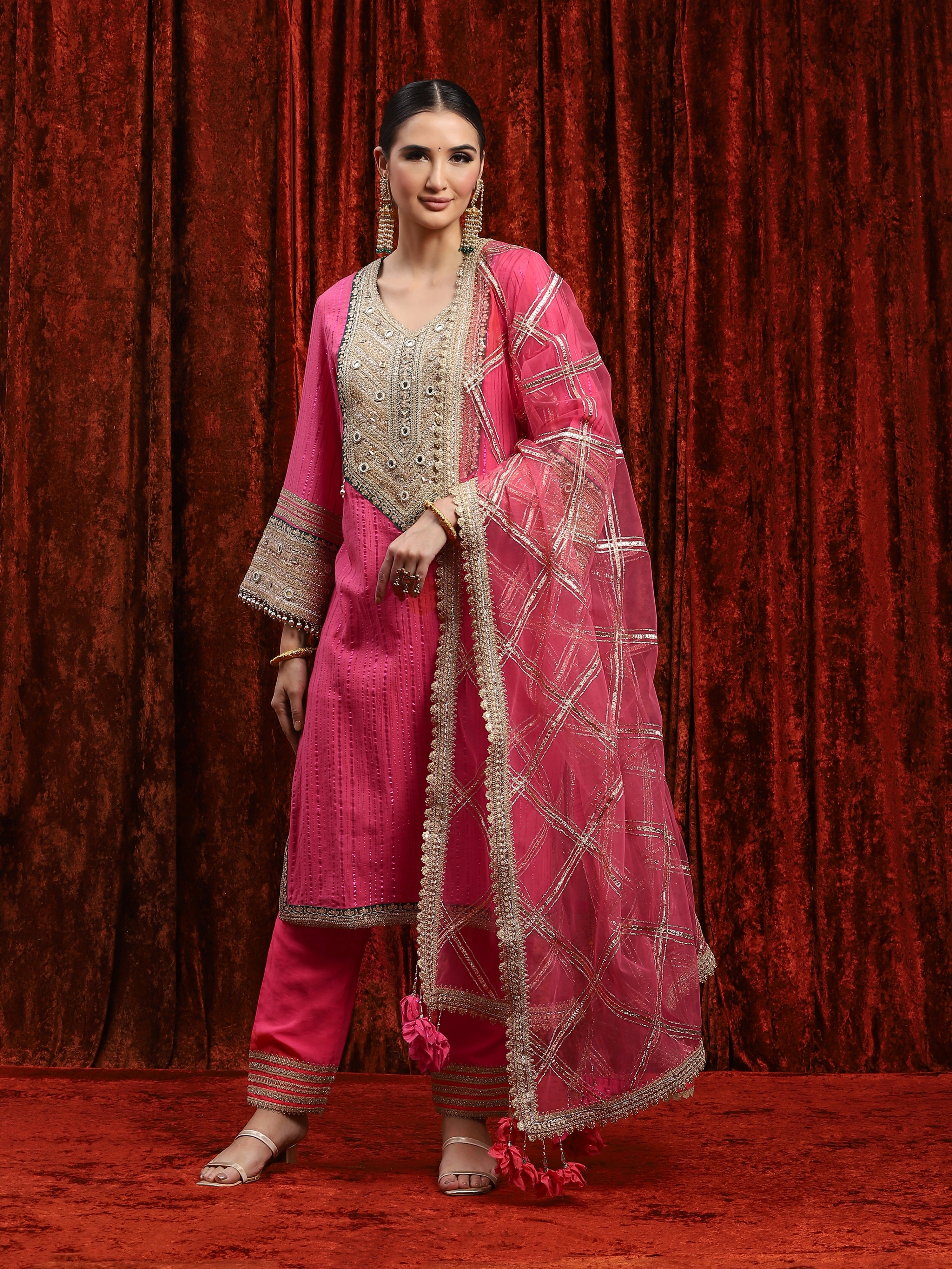 Khush Pink & Green Kurta Pant Dupatta Set