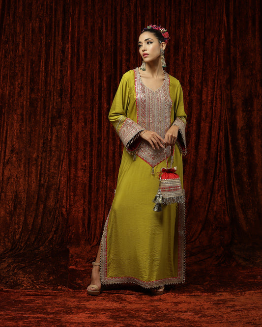 Lemon Green & Rani Pink Kurta Kaftan