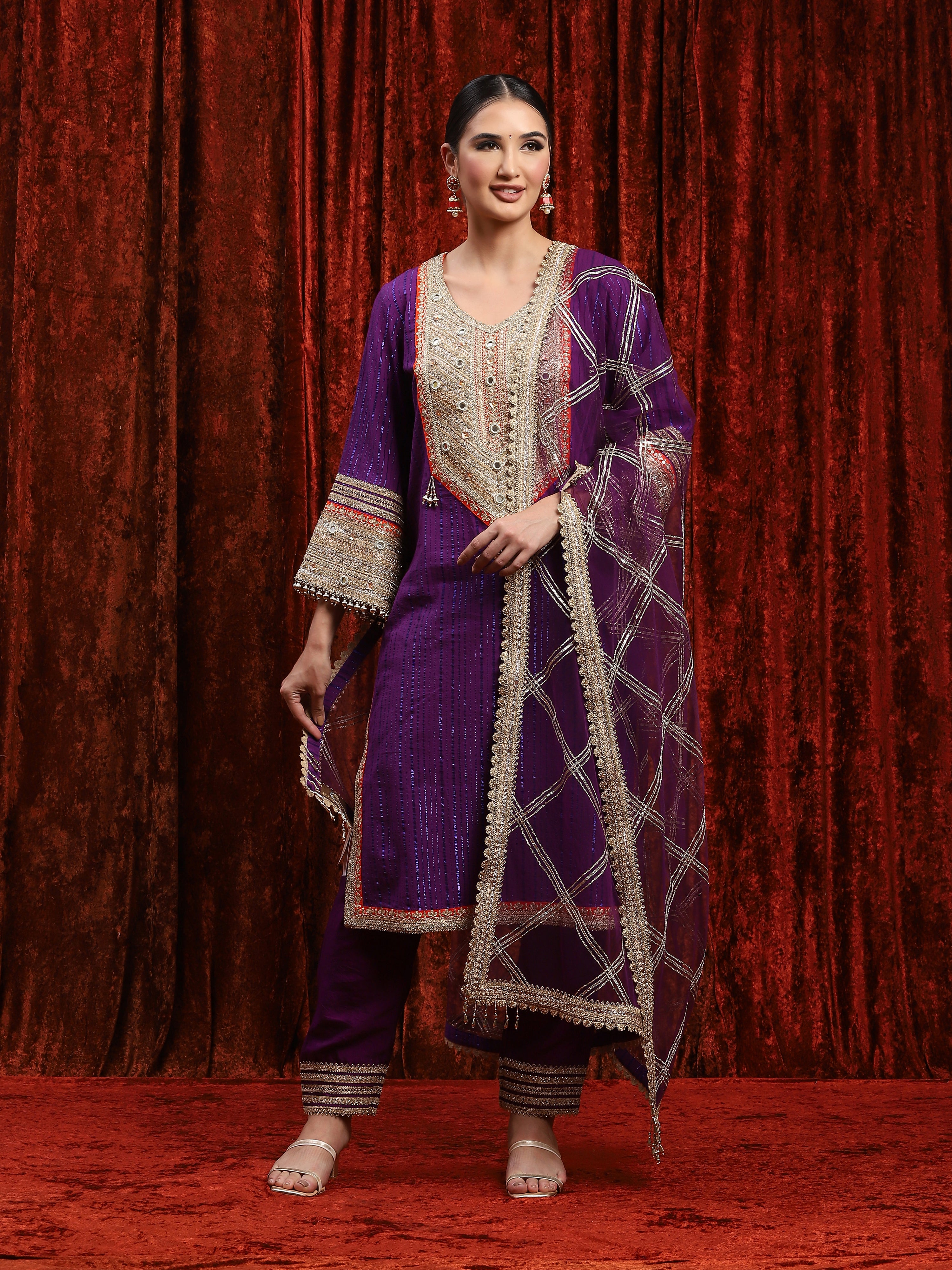 Purple & Orange Kurta Pant Dupatta Set