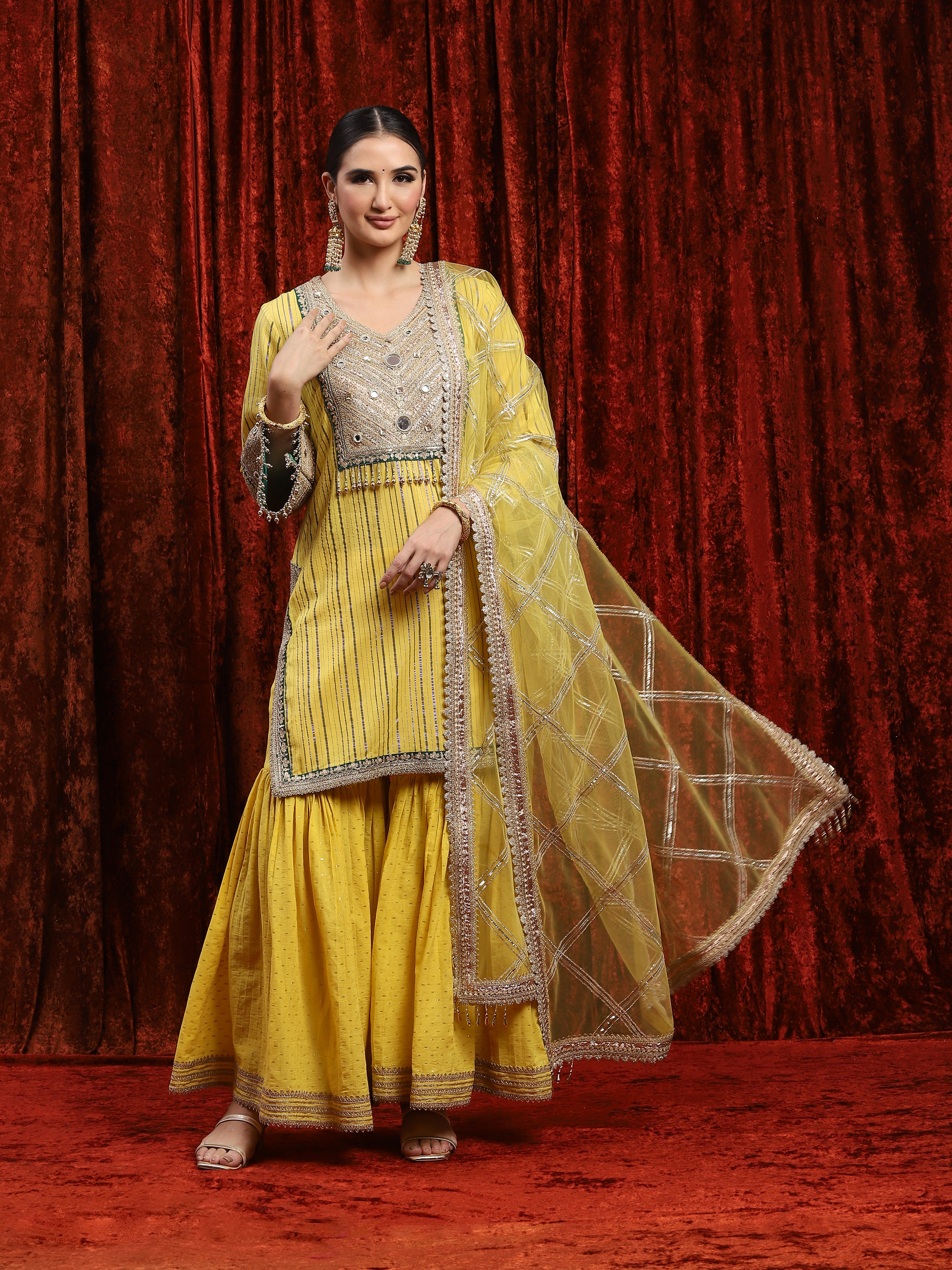 Lemon Yellow & Green Kurta Sharara Dupatta Set