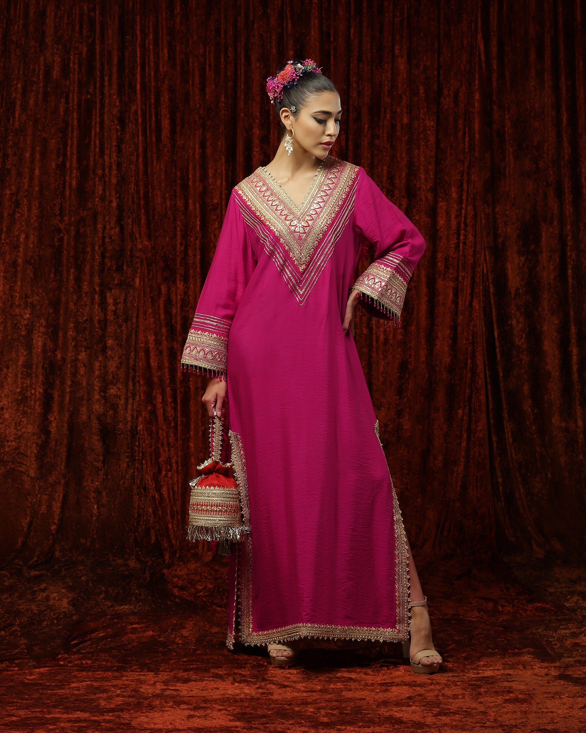 Rani Pink & Red Kurta Kaftan