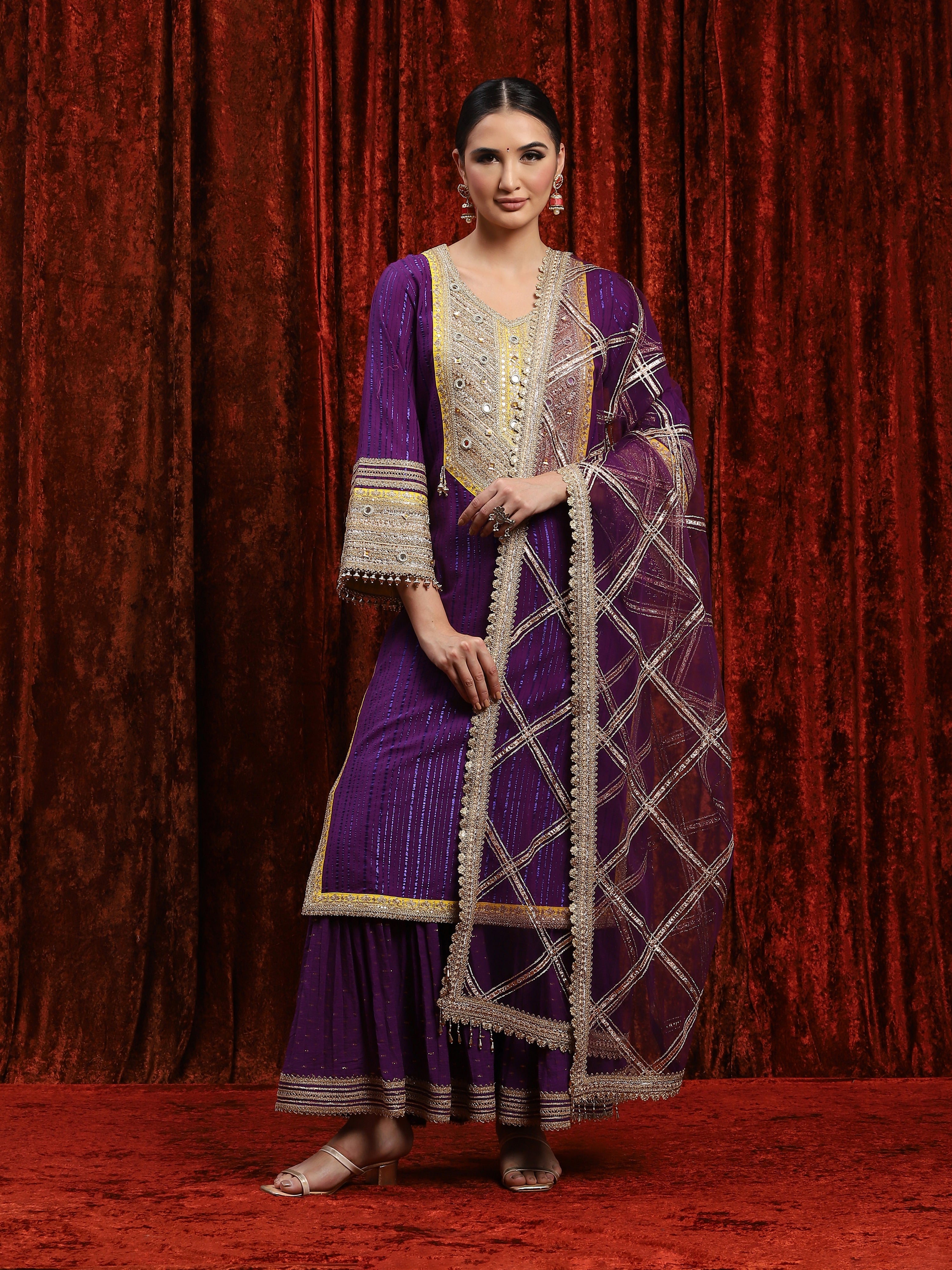 Purple & Lemon Yellow Kurta Pant Dupatta Set