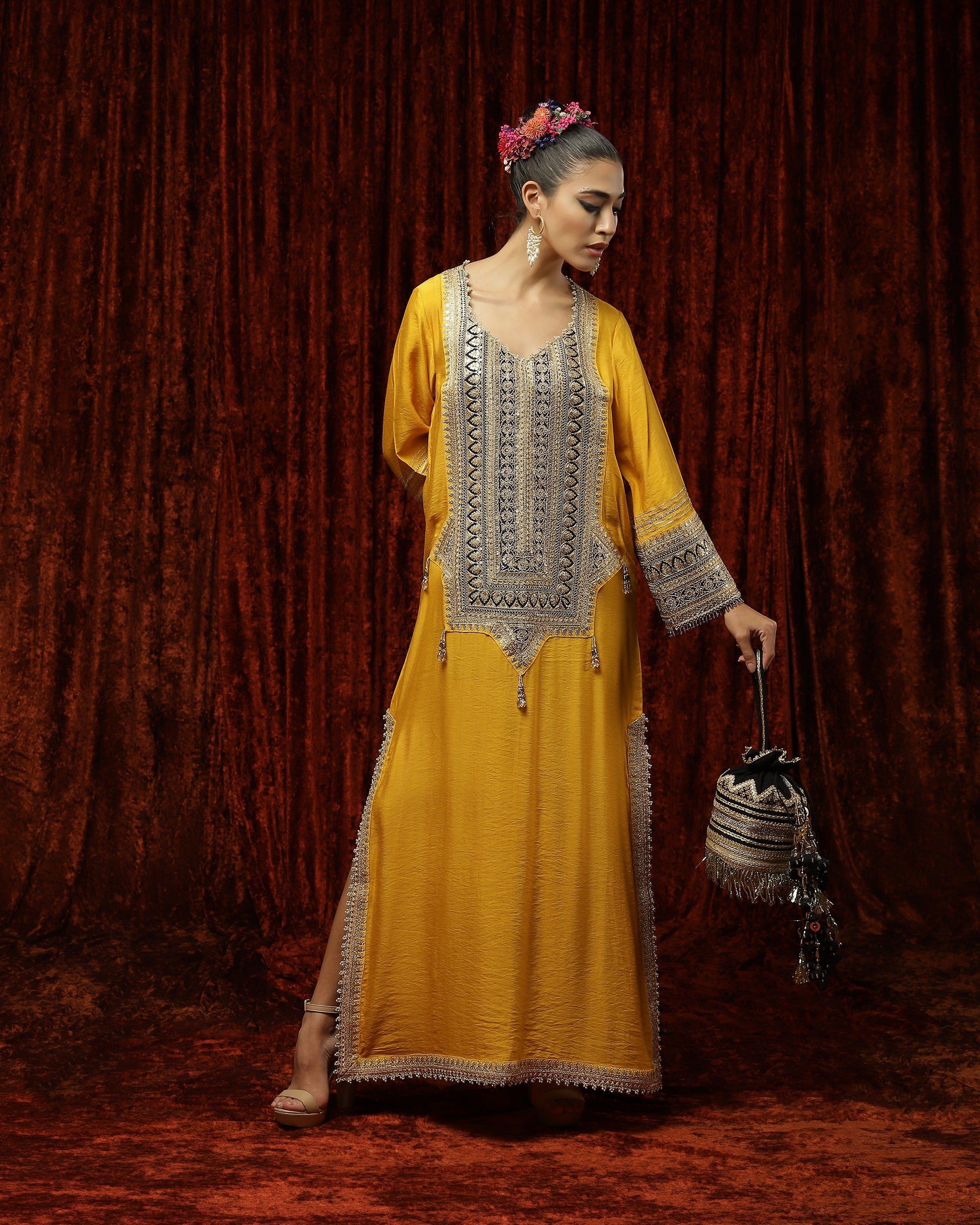 Sun Set Yellow & Navy Blue Kurta Kaftan