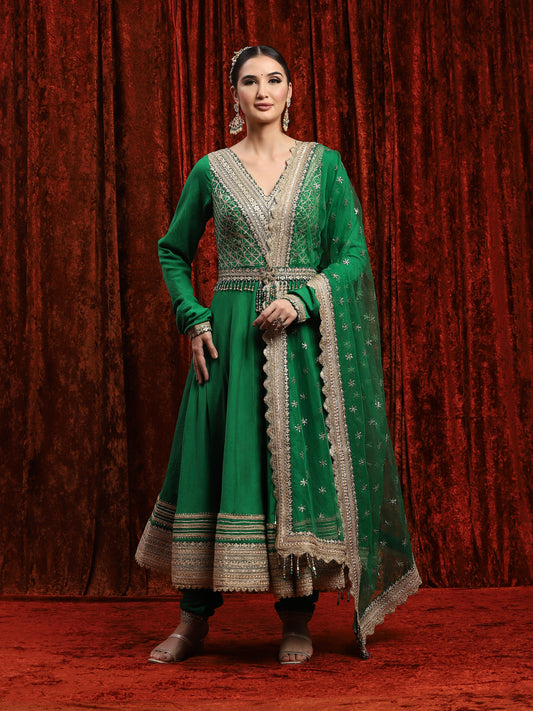 Emerald Green Silk Chanderi Anarkali Suit
