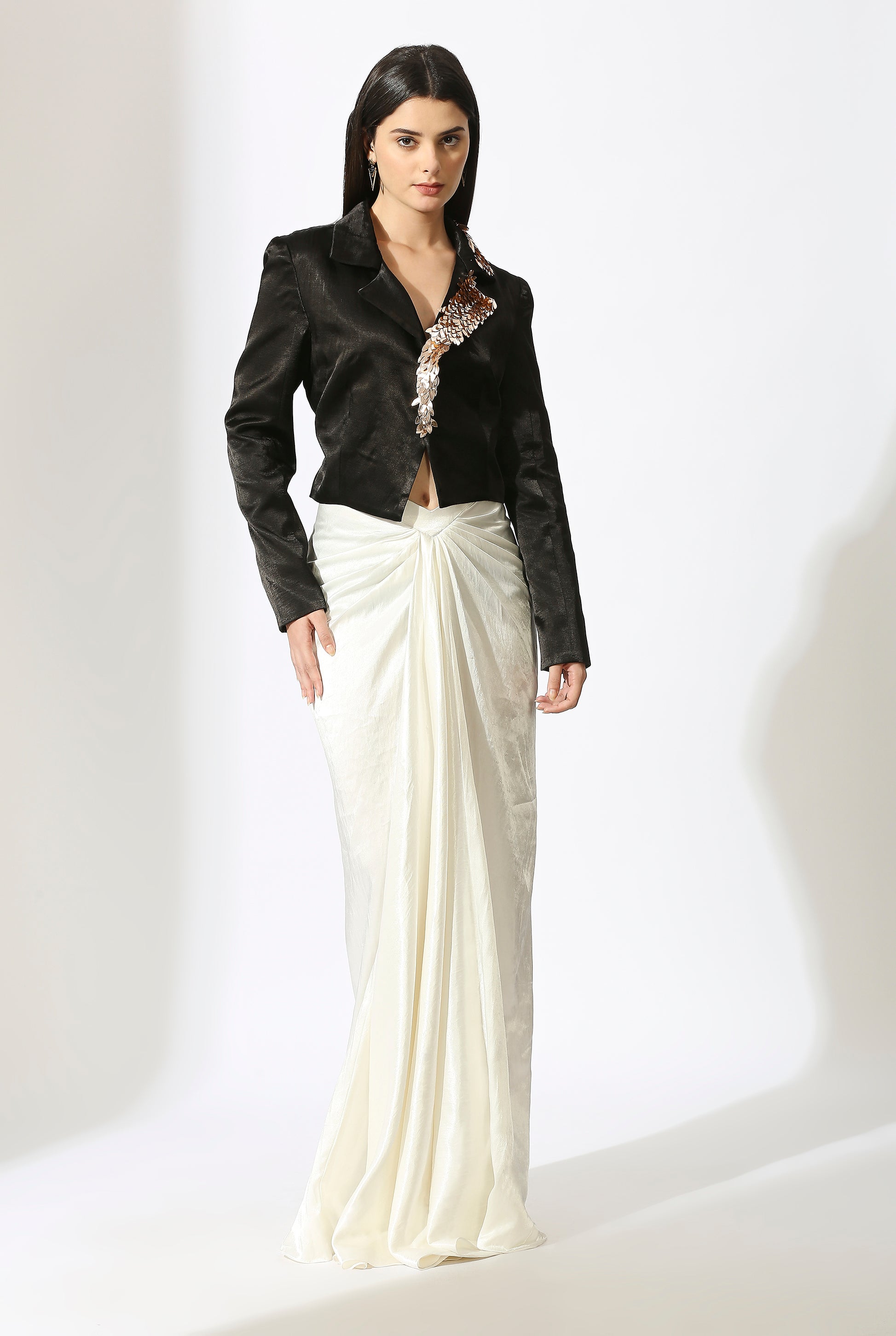 Black Embroidered Blazer With White Draped Skirt