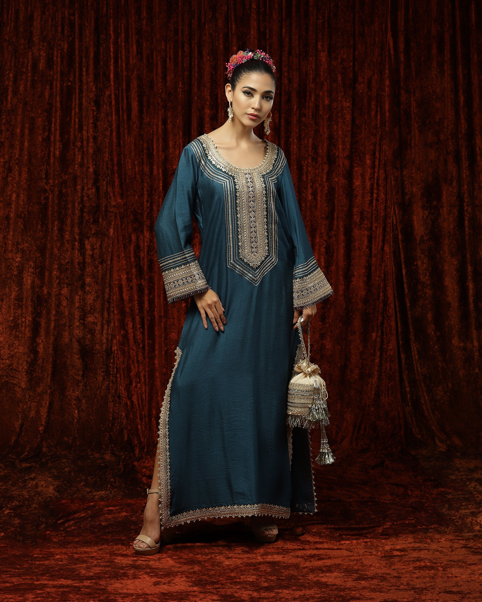 Peacock Blue & Gray Kurta Kaftan