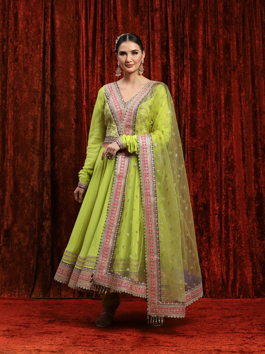 Light Pea Green, Purple & Rani Pink Silk Chanderi Anarkali Suit