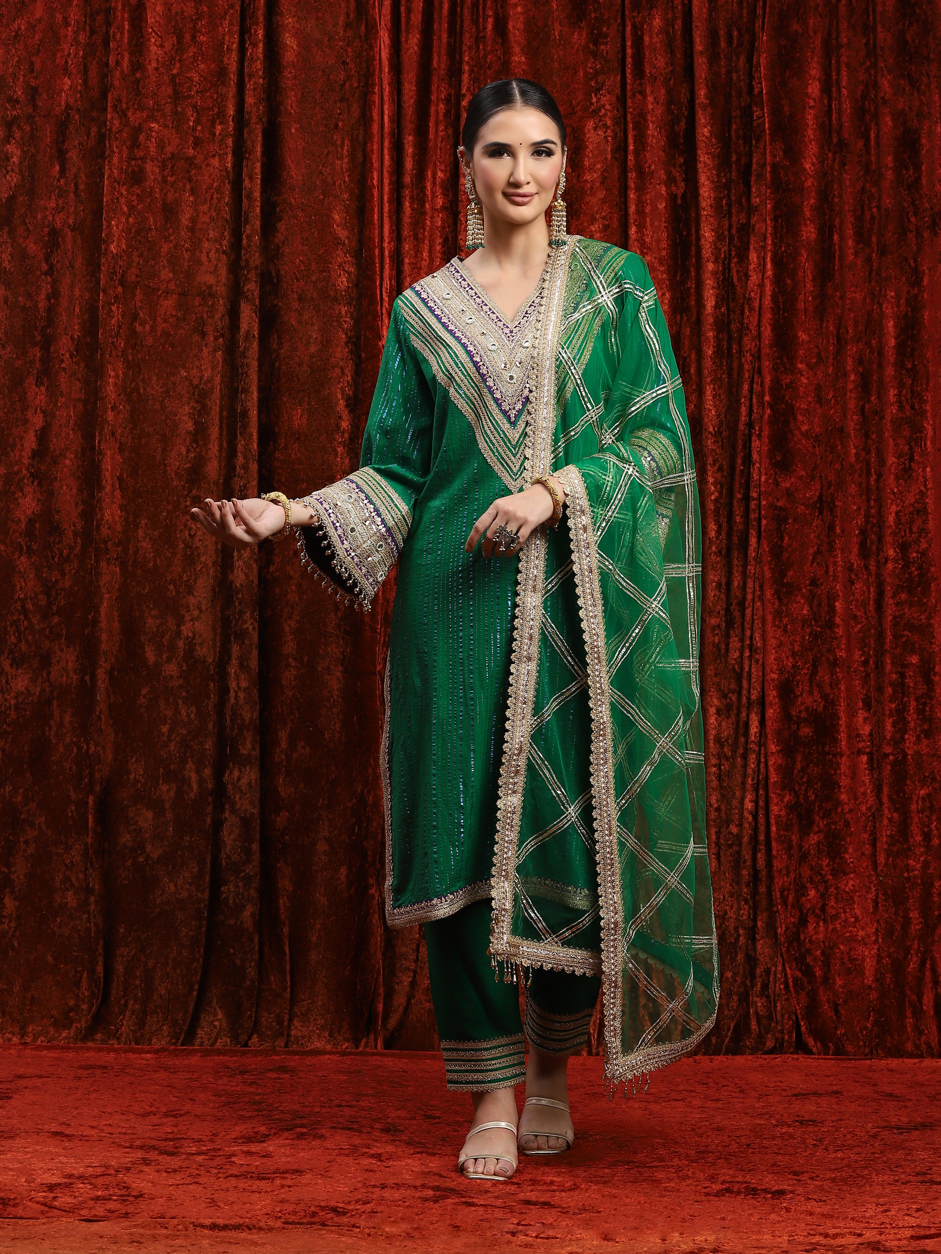 Green & Purple Kurta Pant Dupatta Set