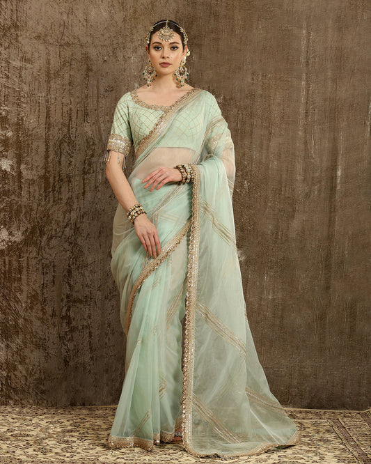 Sea Green Leheriya Saree & Blouse Set