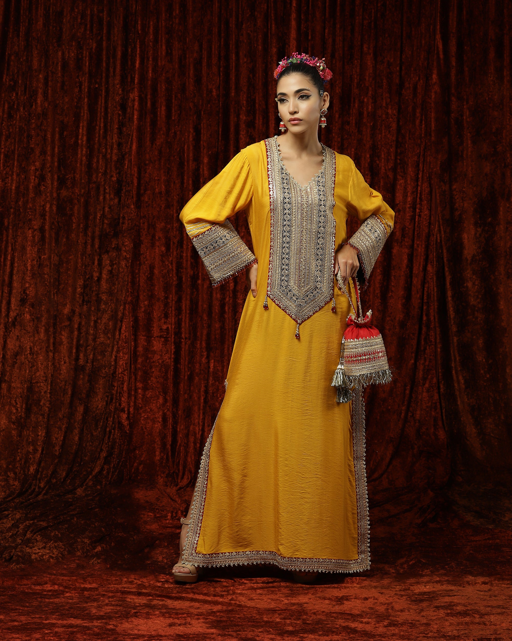 Sun Set Yellow, Navy Blue & Maroon Kurta Kaftan