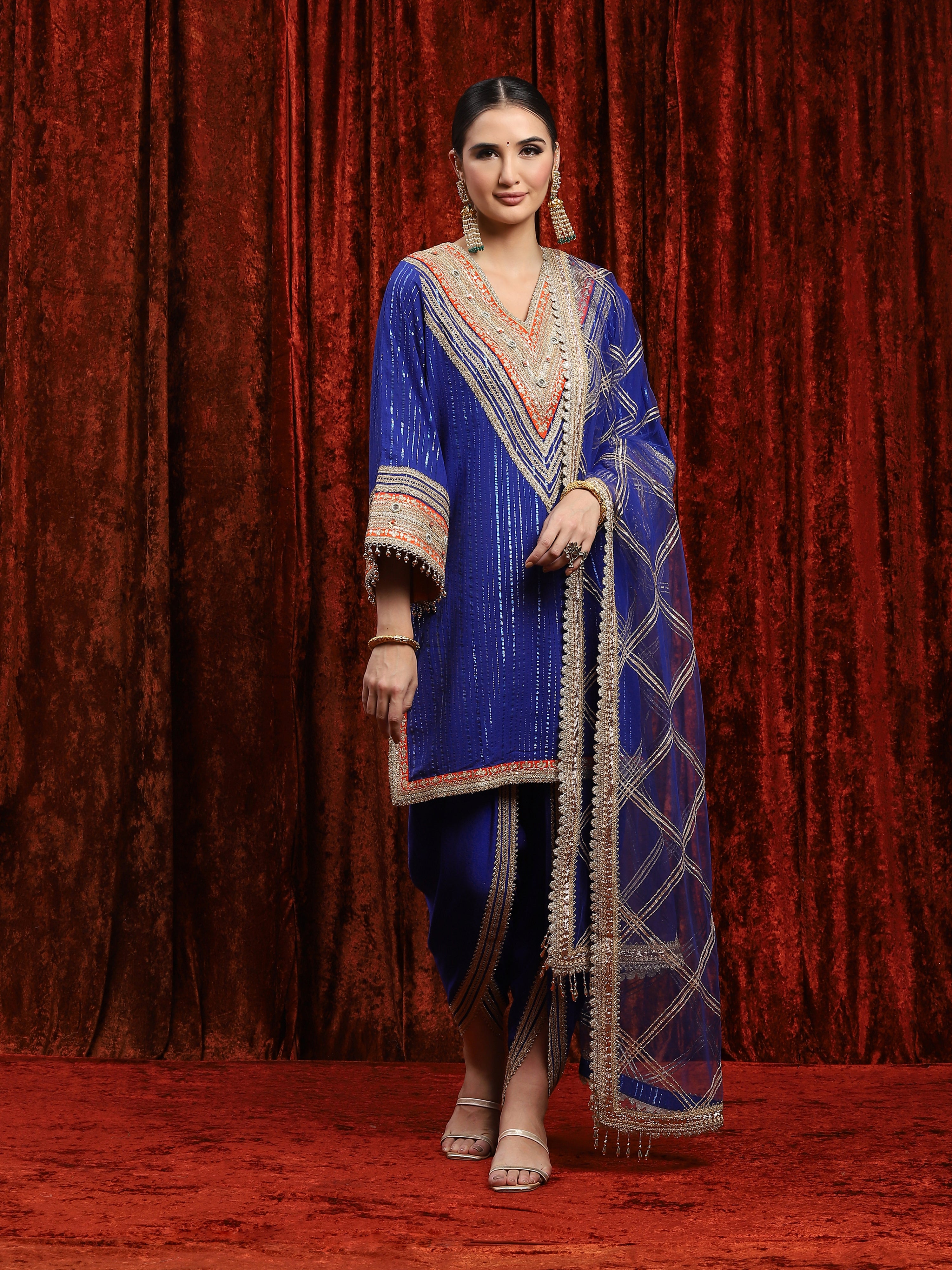 Electric Blue & Orange Kurta Tulip Pants Dupatta Set