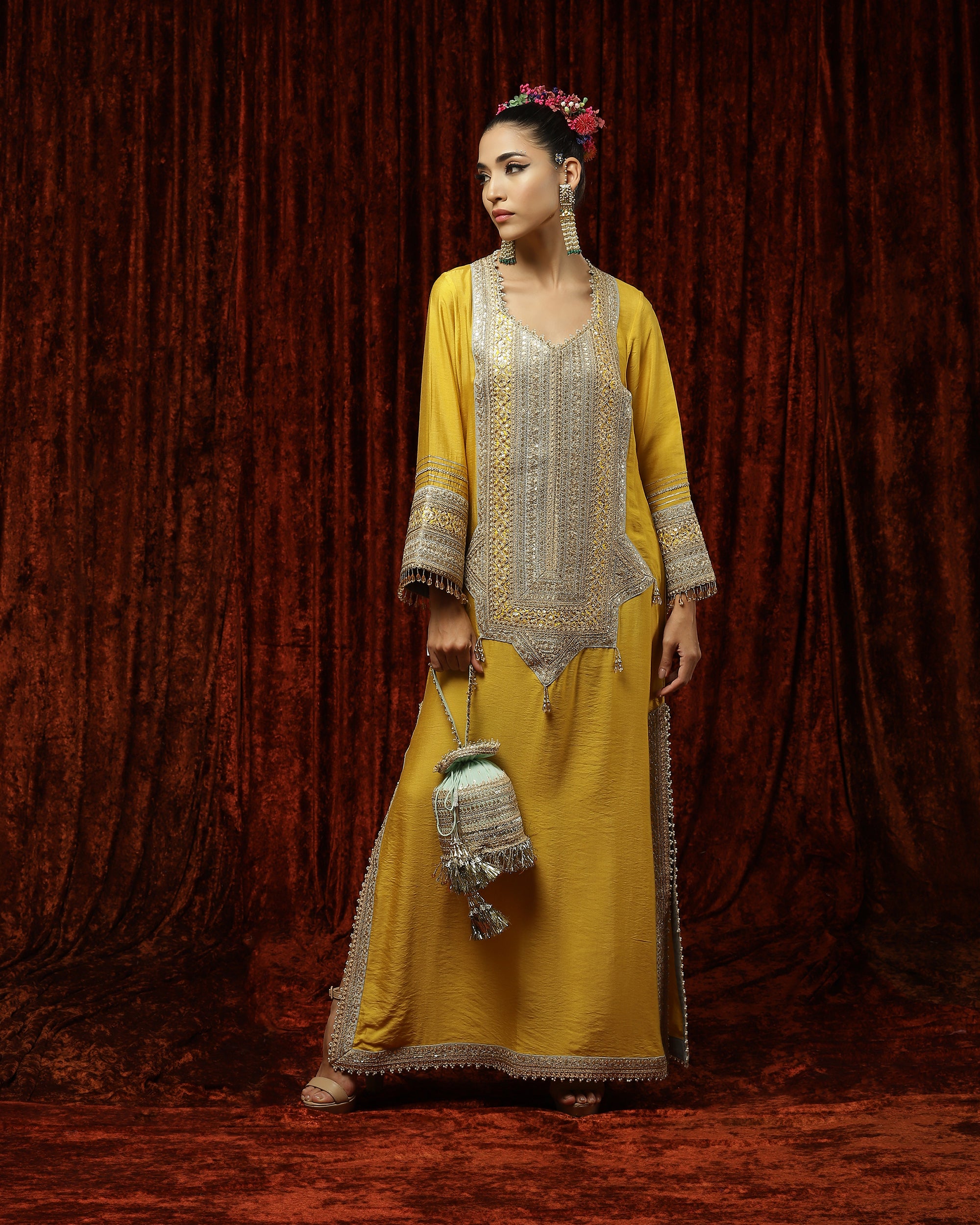 Lomon Yellow & Gray Kurta Kaftan