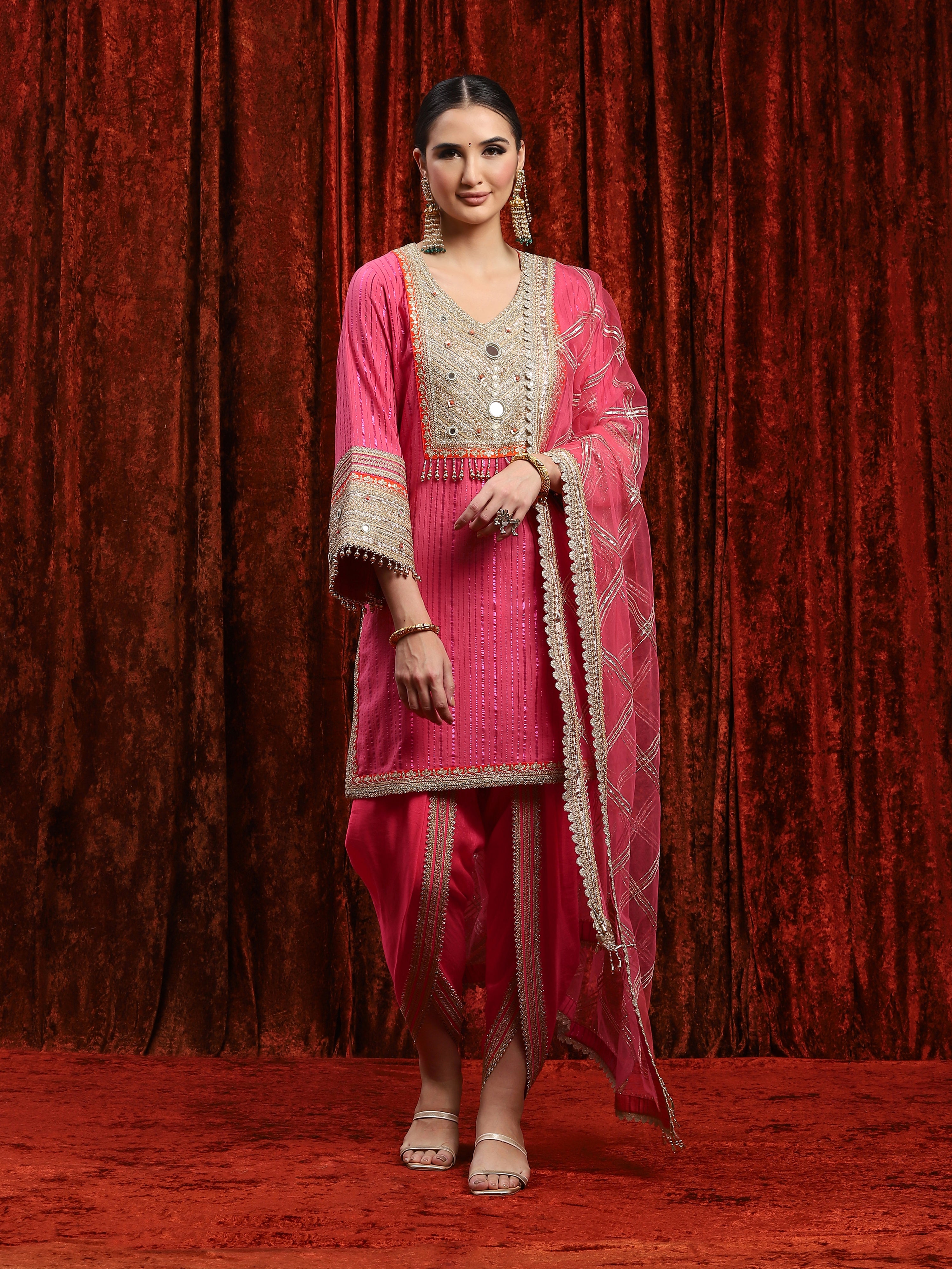 Khush Pink & Orange Kurta Tulip Pants Dupatta Set