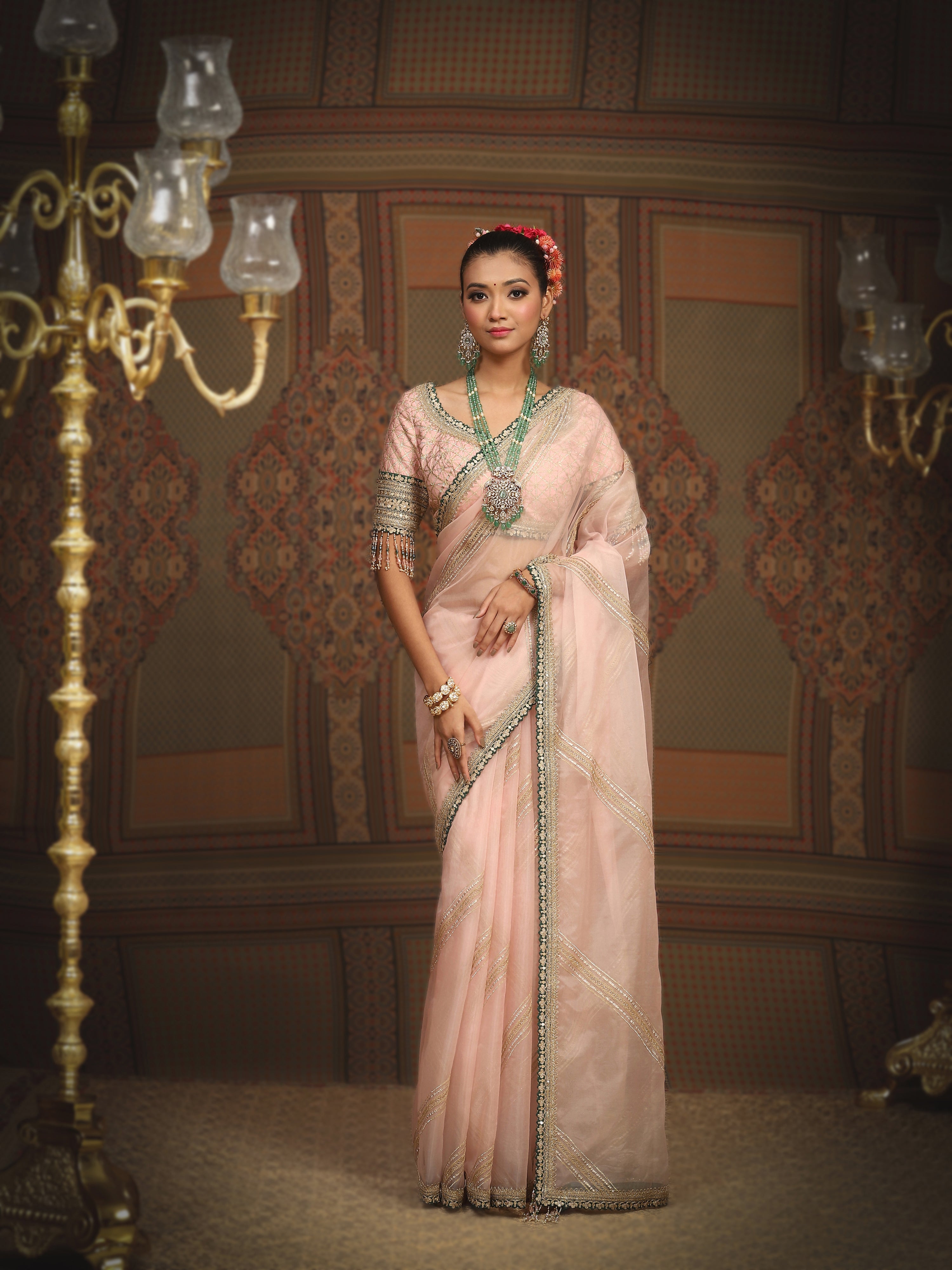 Baby Pink And Emerald Green Saree & Blouse Set