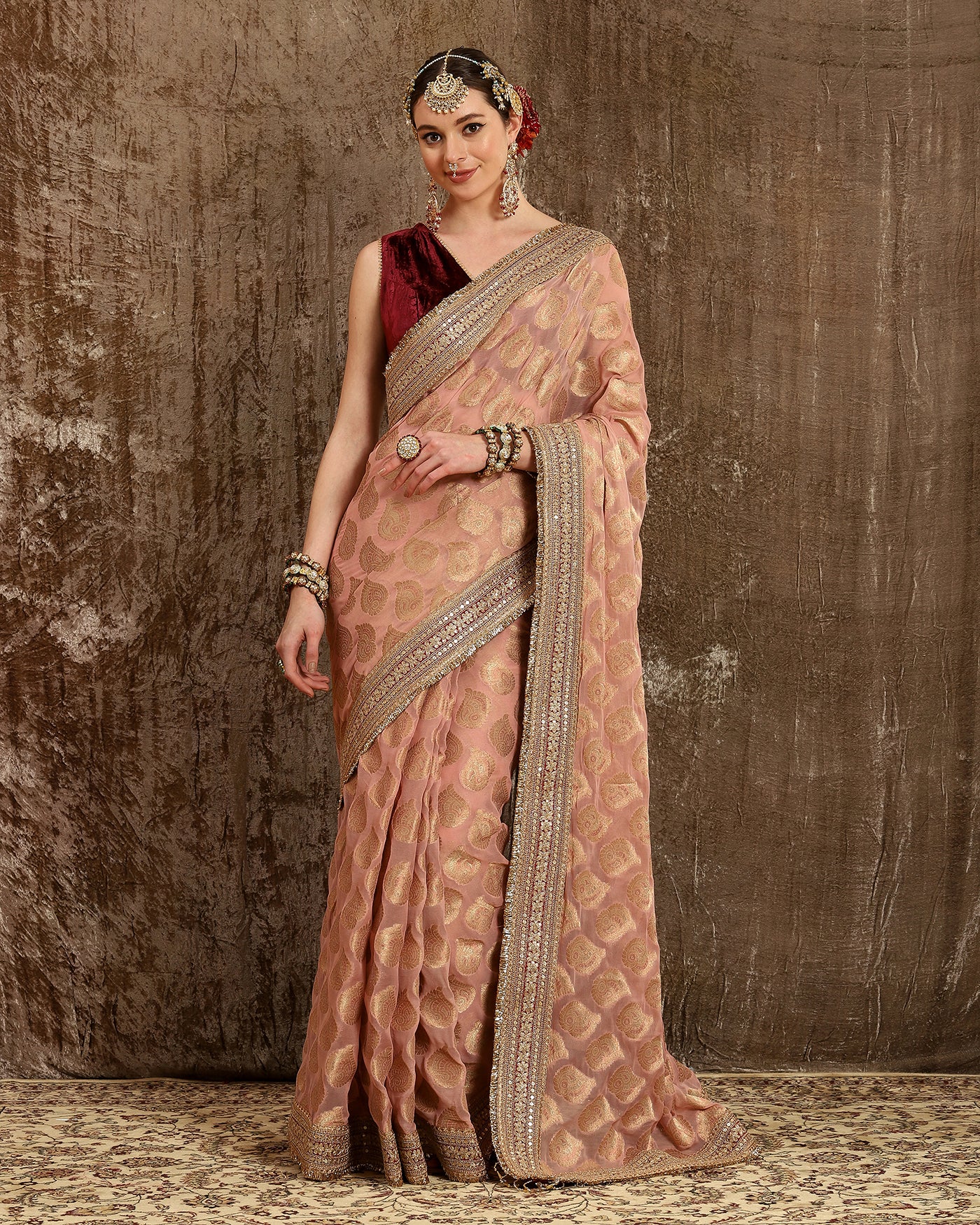 Pink & Wine Saree & Blouse Set