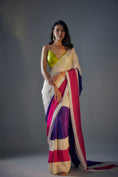 Load image into Gallery viewer, Hot Pink ,Purple And Light Gold Block Saree In Tissue Wih Lime Green Embroidered Blouse
