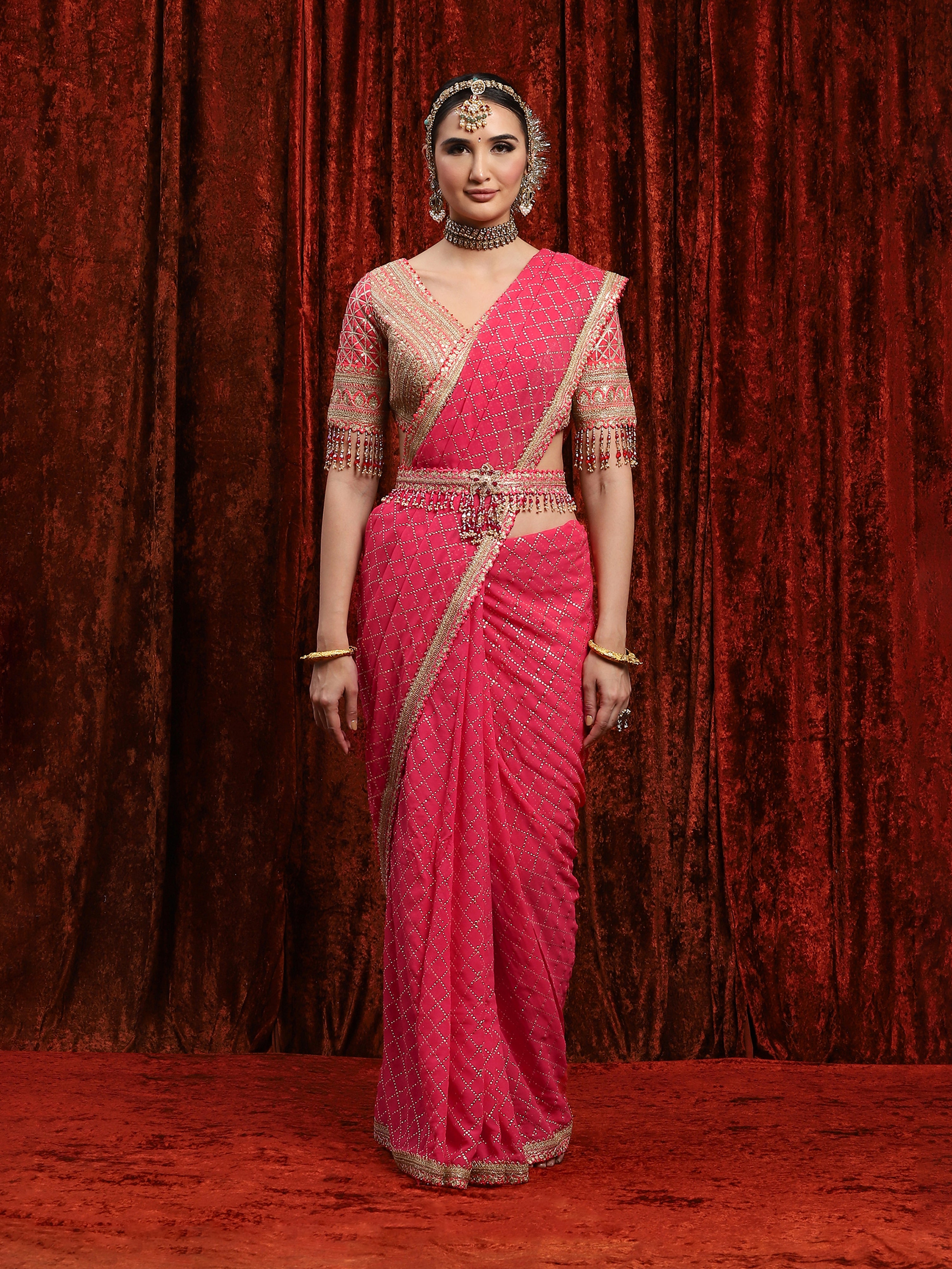 Rouge Pink Georgette Saree Saree & Blouse Set