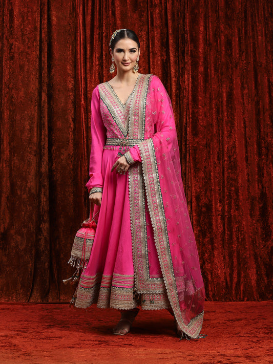 Kush Pink & Green Silk Chanderi Anarkali Suit