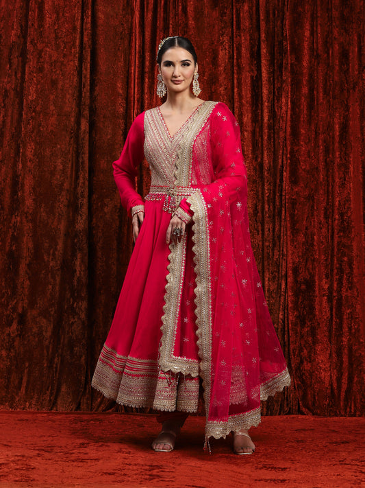 Rani Red Silk Chanderi Anarkali Suit