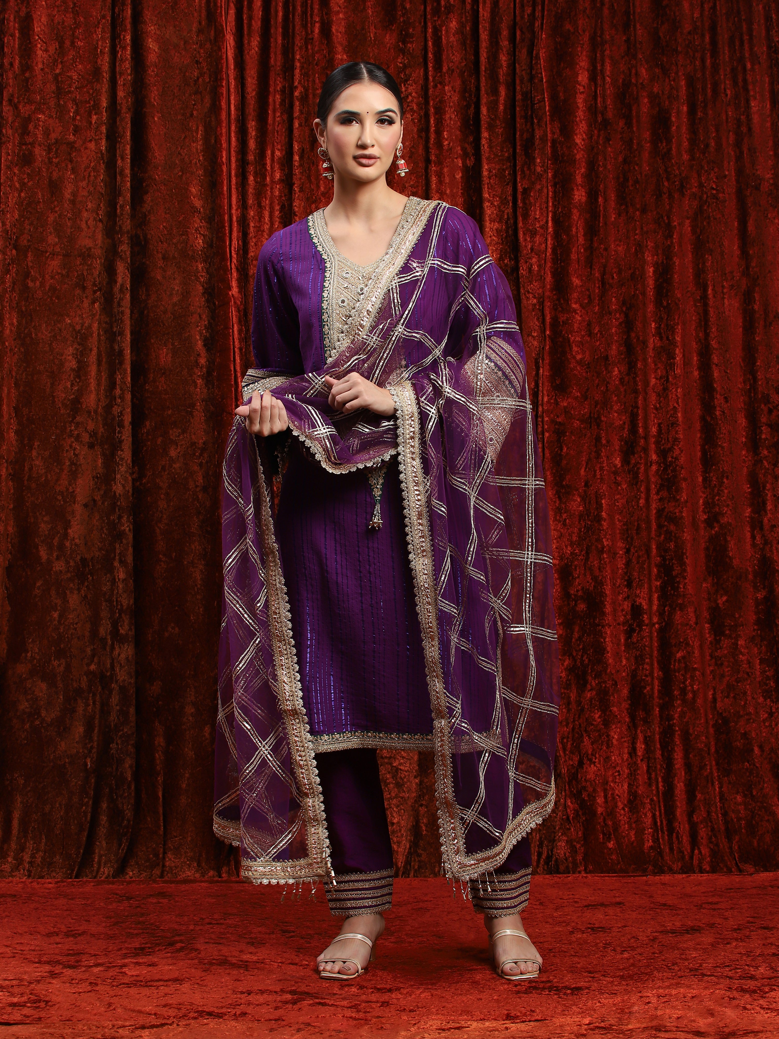 Purple & Green Kurta Pant Dupatta Set