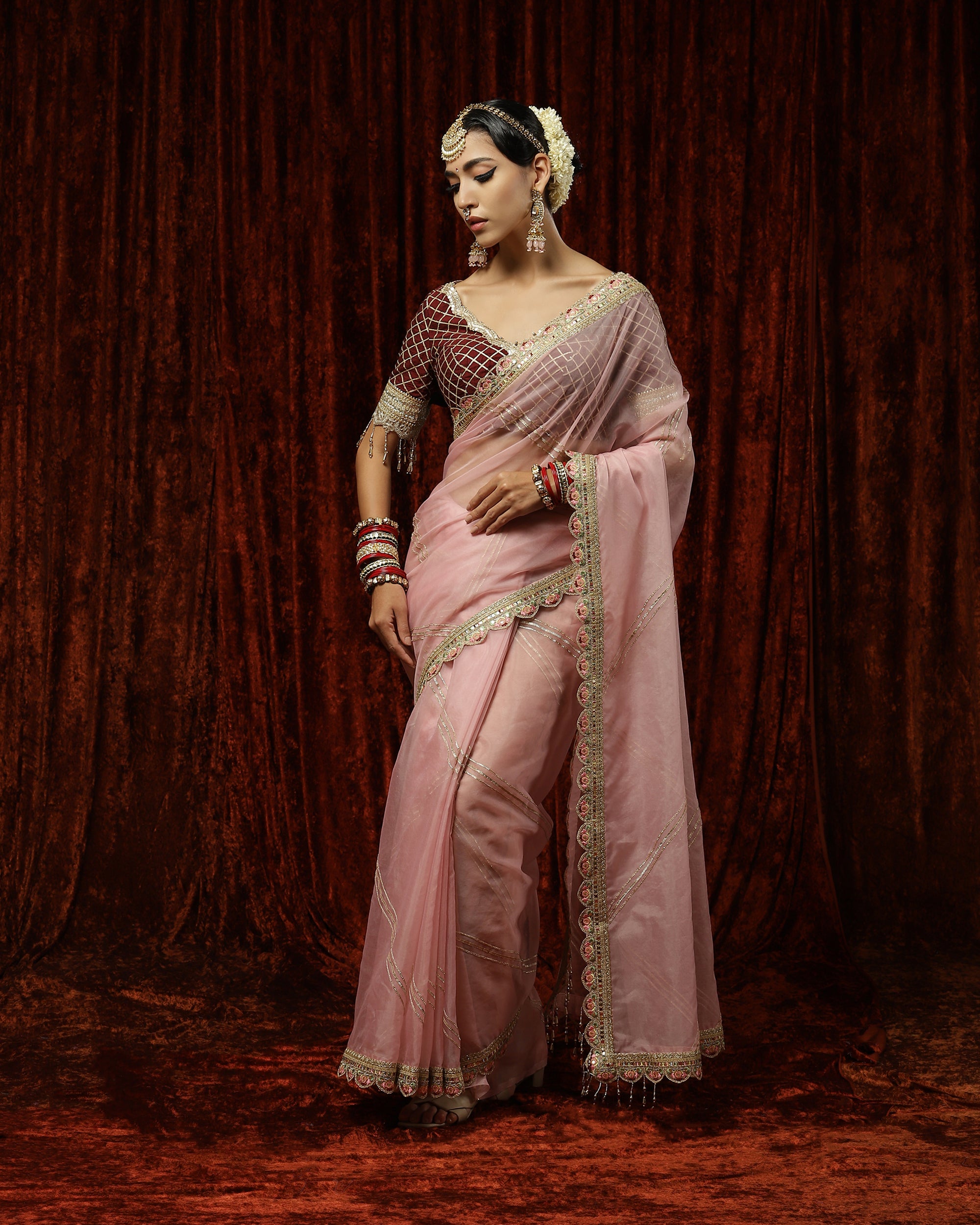 Old Rose & Maroon Saree & Blouse Set