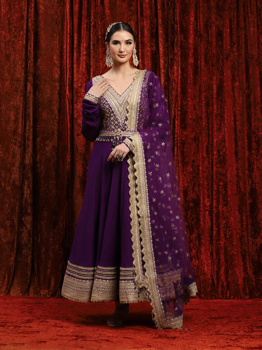 Dark Purple Silk Chanderi Anarkali Suit