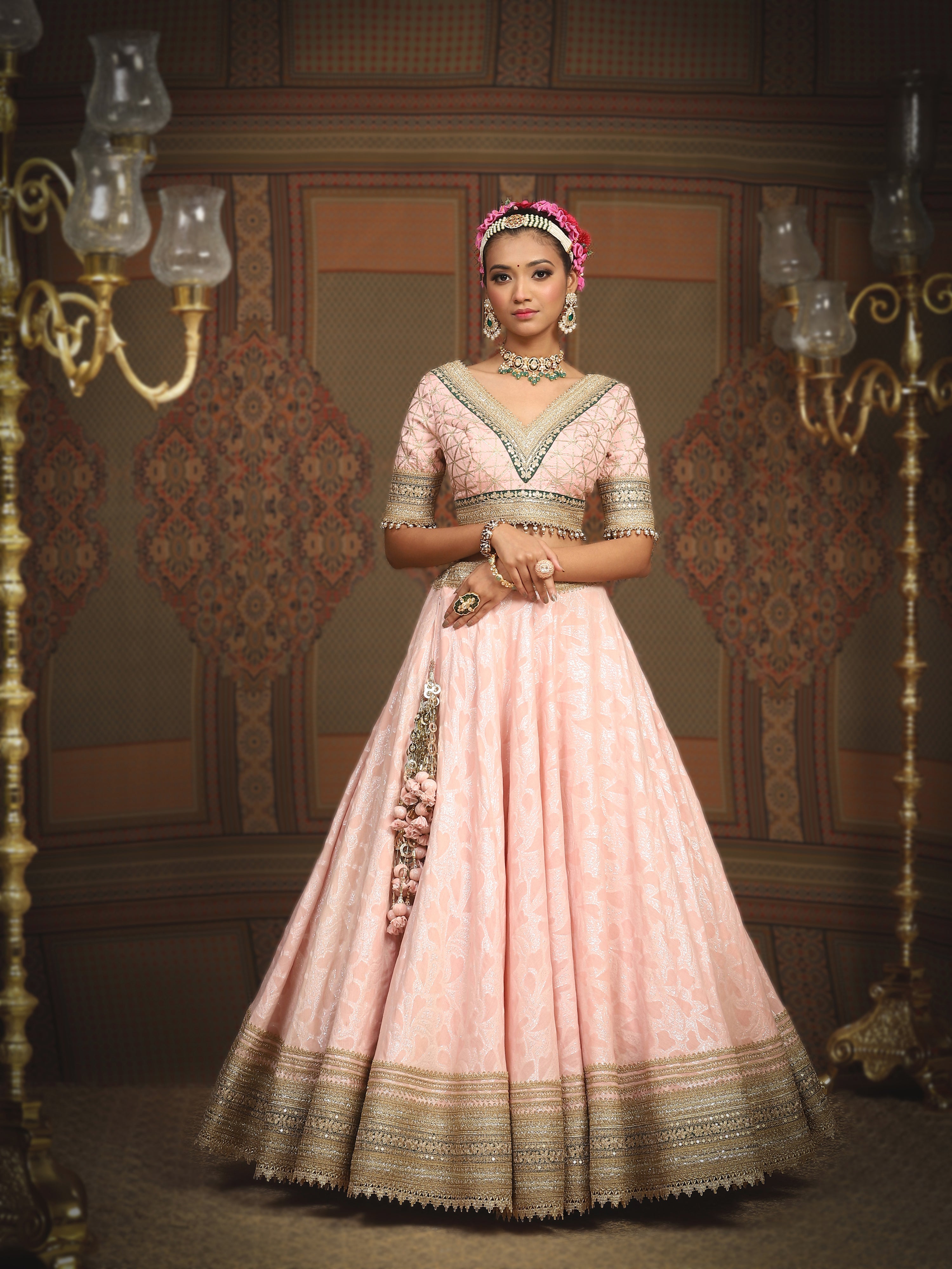 Baby Pink And Emerald Green Lehenga Set