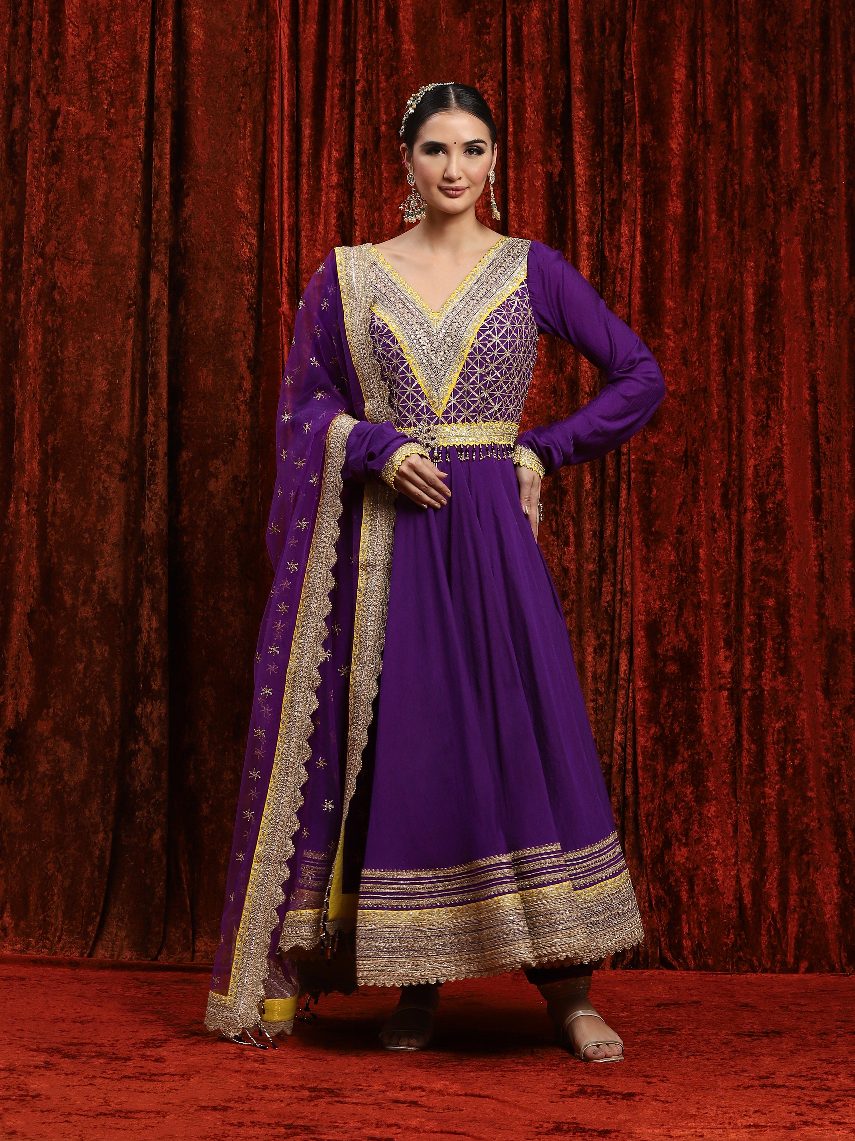 Purple & Lemon Yellow Silk Chanderi Anarkali Suit