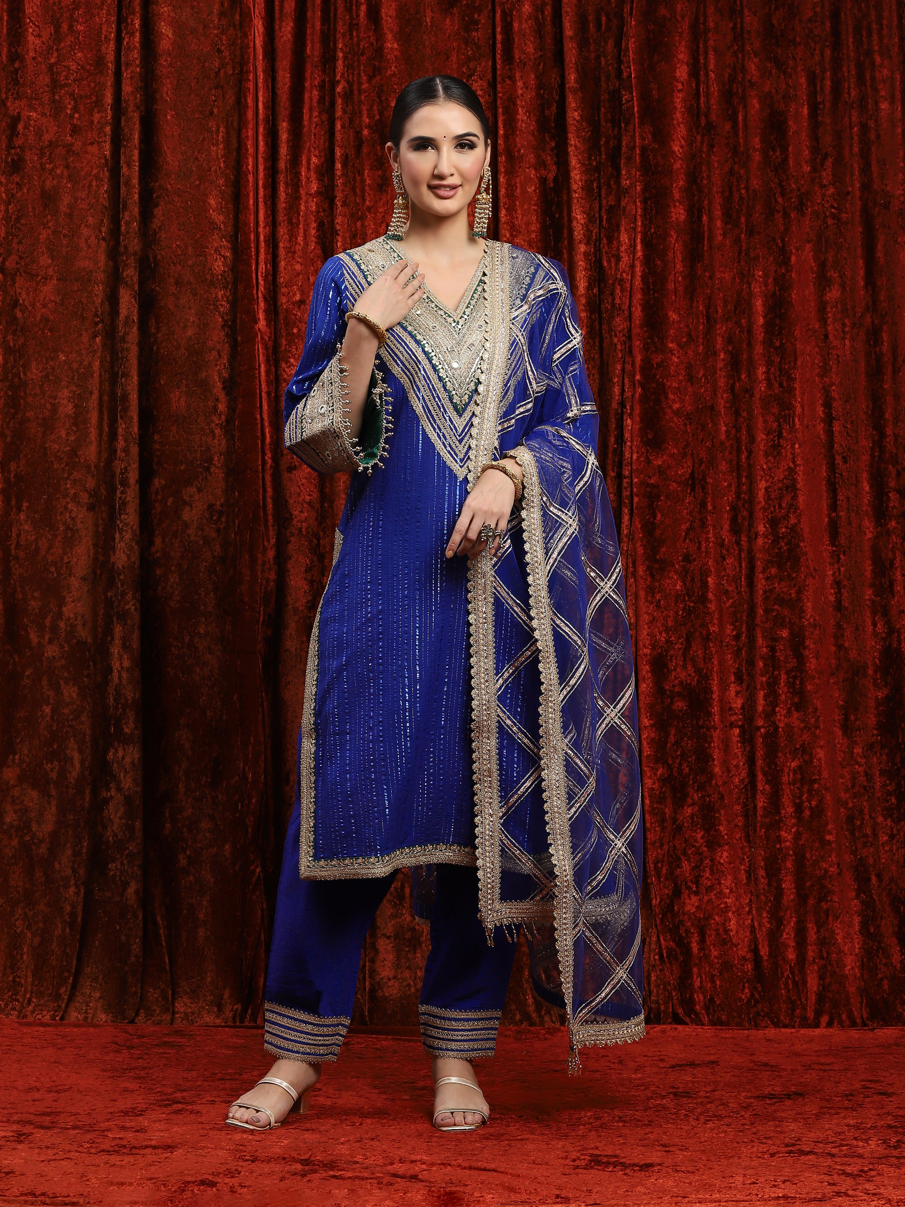 Electric Blue & Green Kurta Pant Dupatta Set