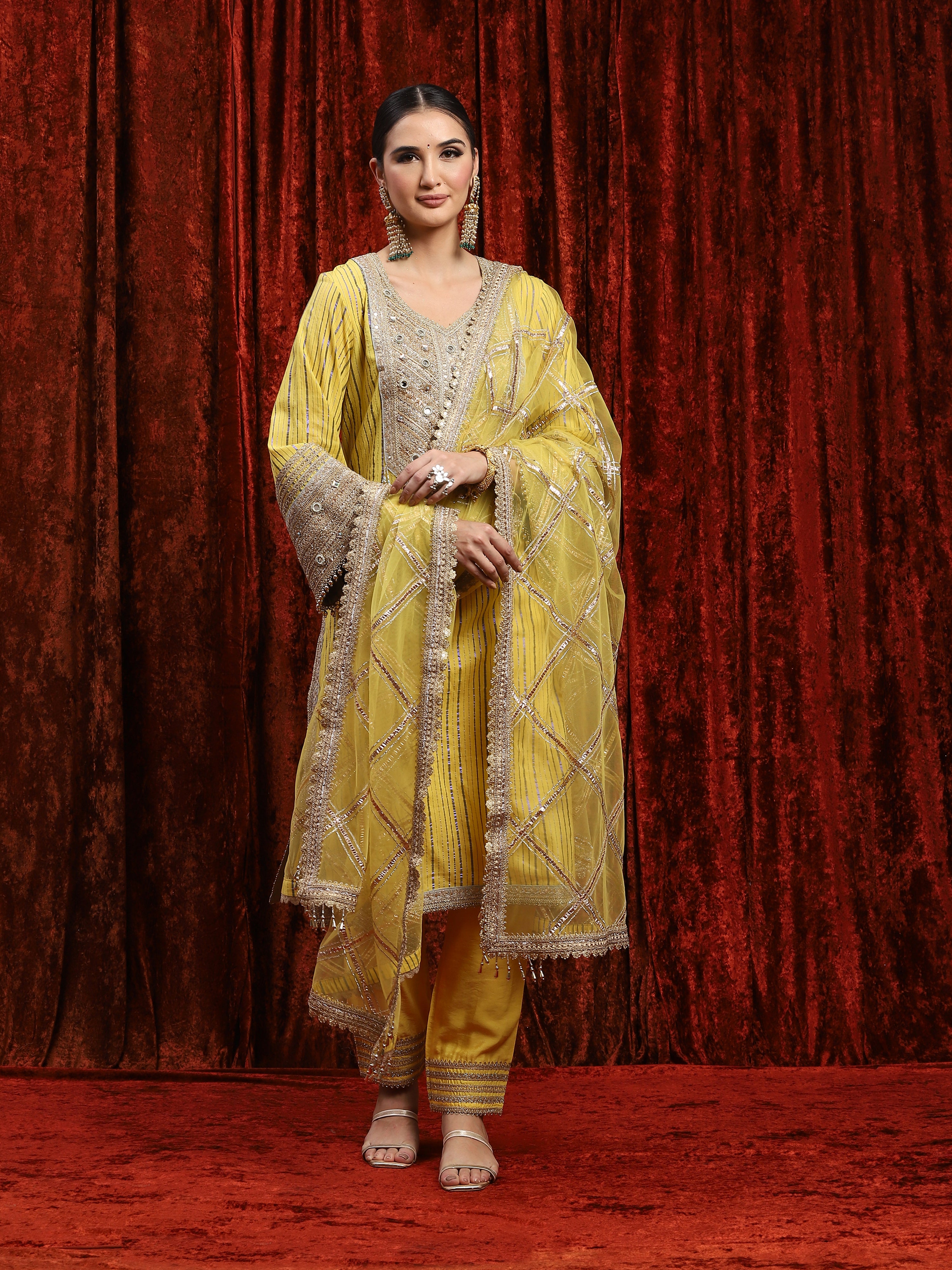 Lemon Yellow & Gray Kurta Pant Dupatta Set