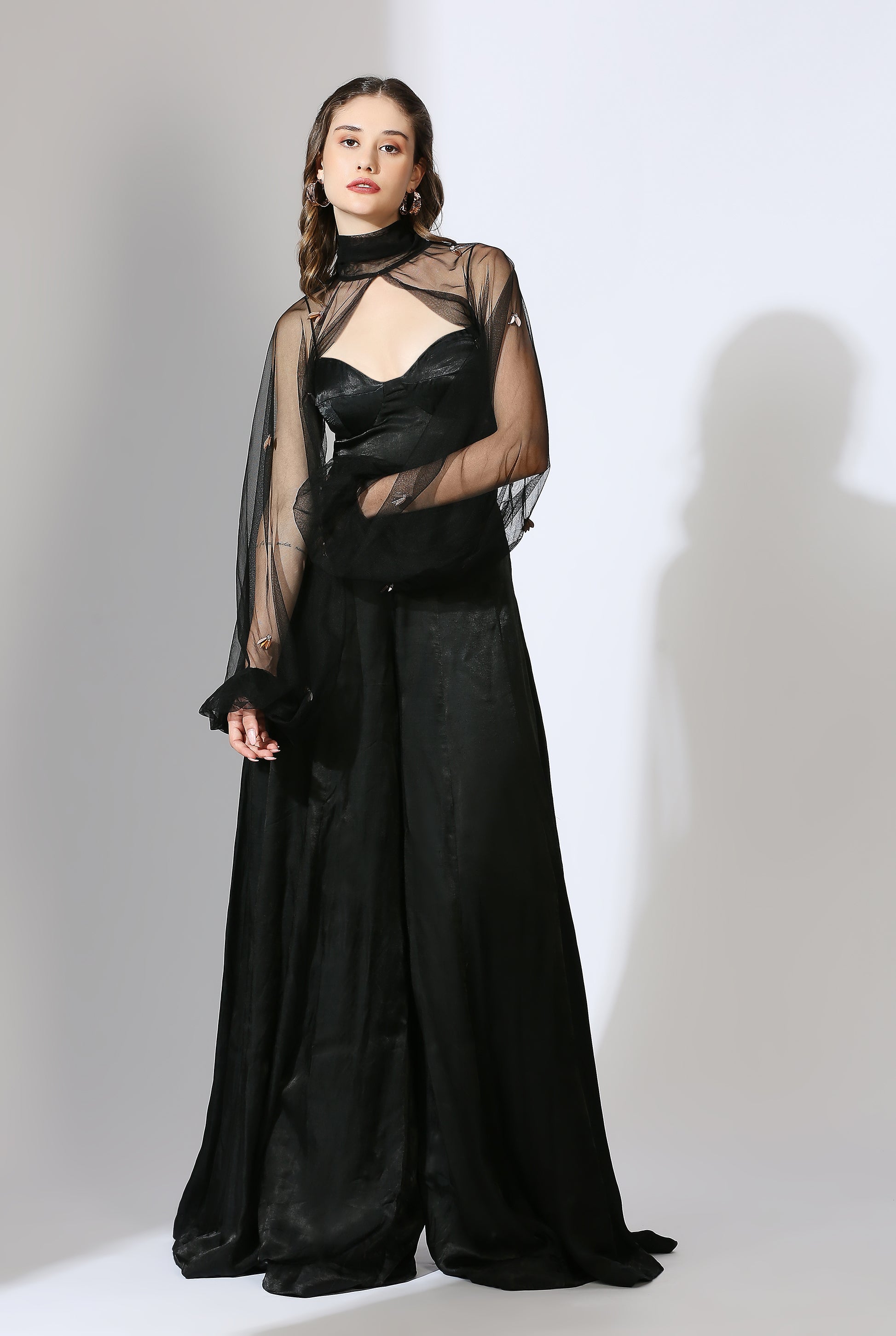 Black Jumpsuit With Embroidered Net Poofy Sleeves