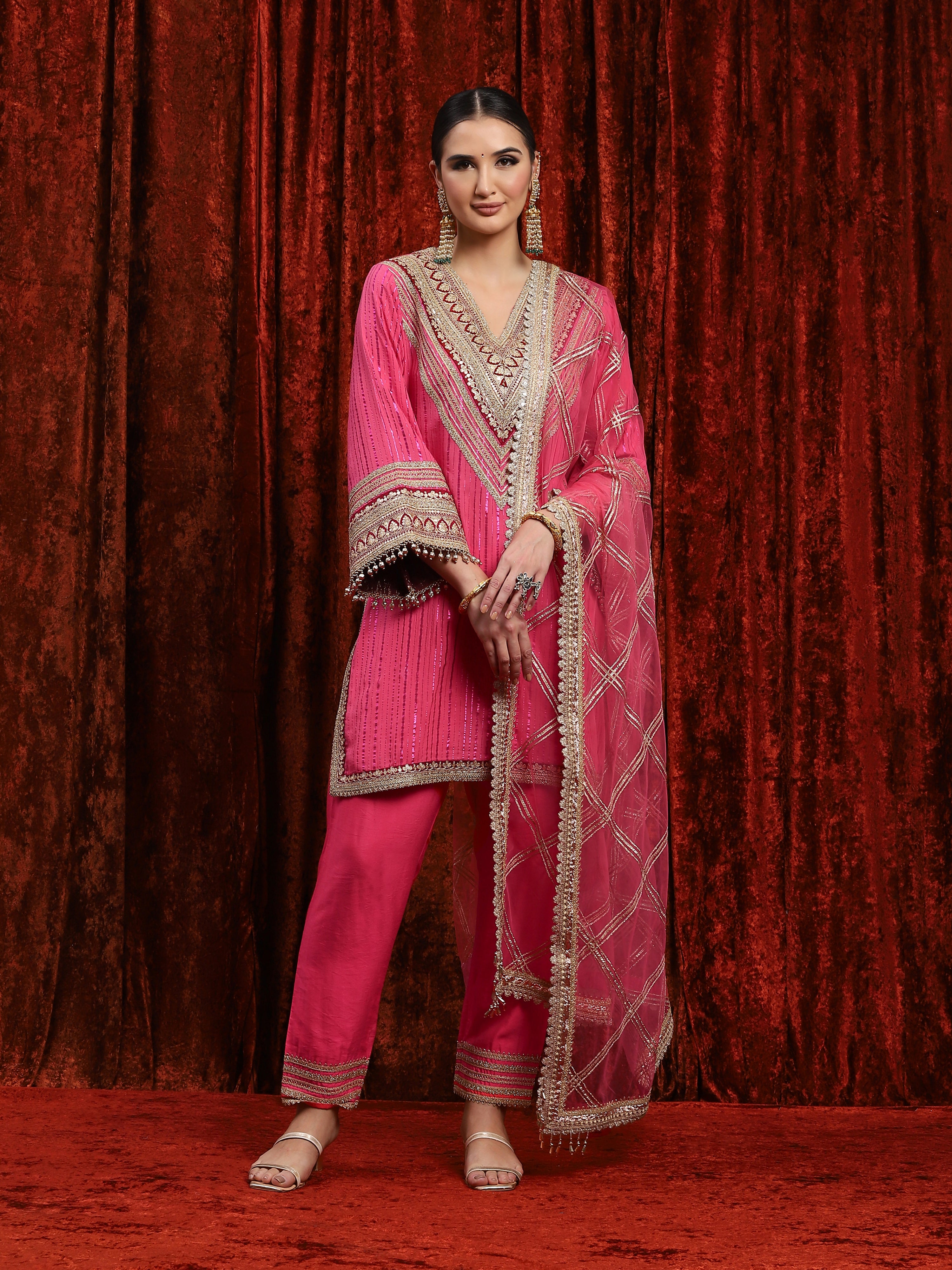 Khush Pink & Maroon Kurta Pant Dupatta Set