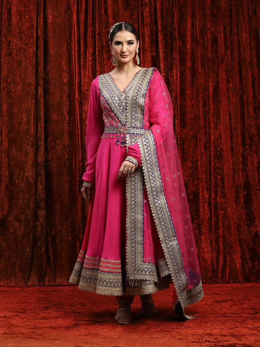 Rani Pink & Electric Blue Silk Chanderi Anarkali Suit