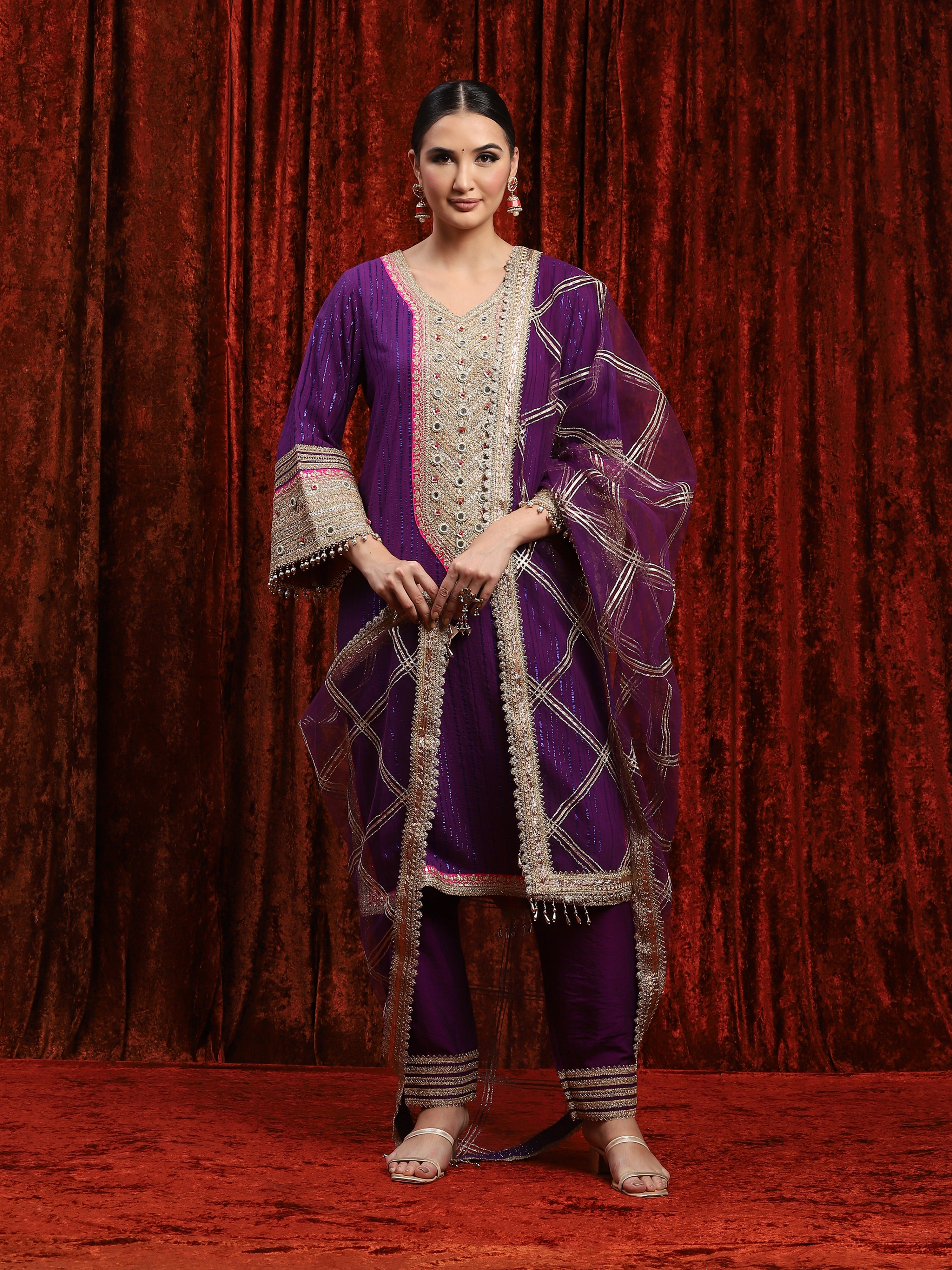 Purple & Rani Kurta Pant Dupatta Set