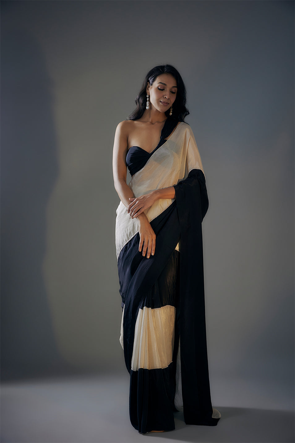 Black And Light Gold Tissue Saree Set