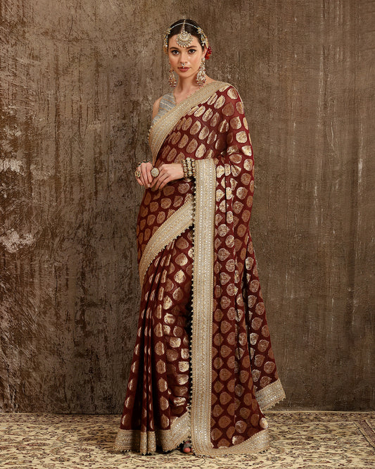 Maroon & Gray Saree & Blouse Set