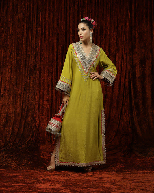 Lemon Green & Rani Pink, Mehandi Green Kurta Kaftan