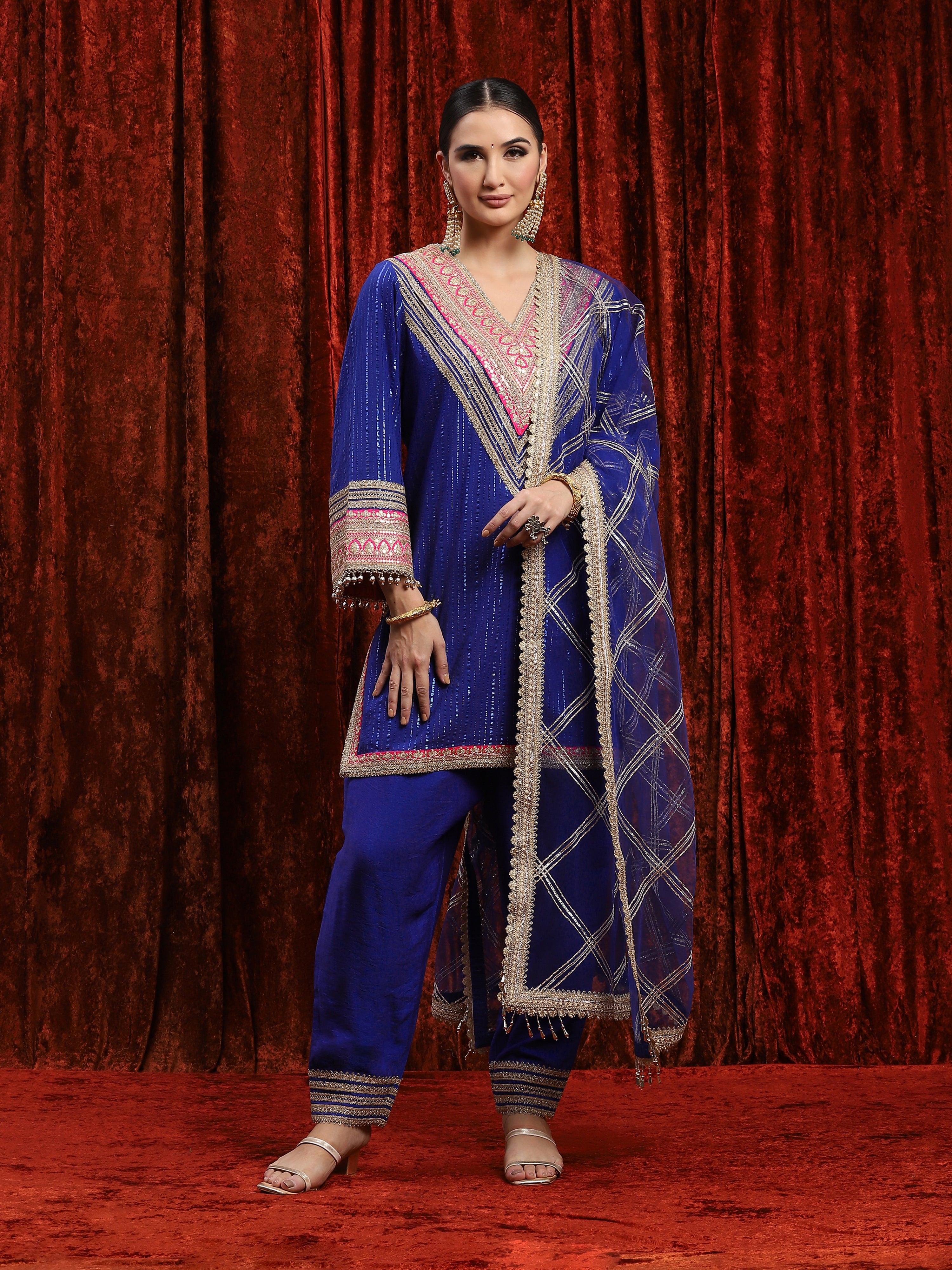 Electric Blue & Rani Kurta Pant Dupatta Set