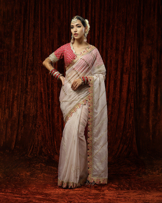 Light Peach & Rani Pink Saree & Blouse Set