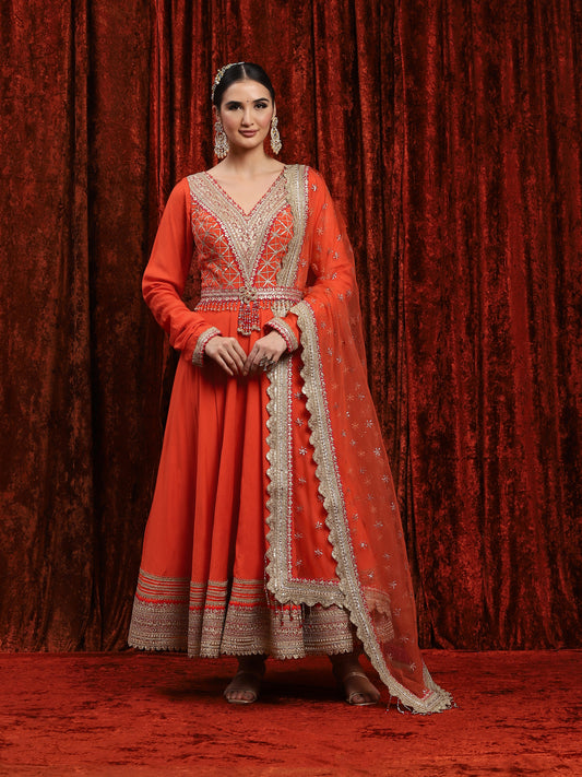 Orange & Rani Pink Silk Chanderi Anarkali Suit