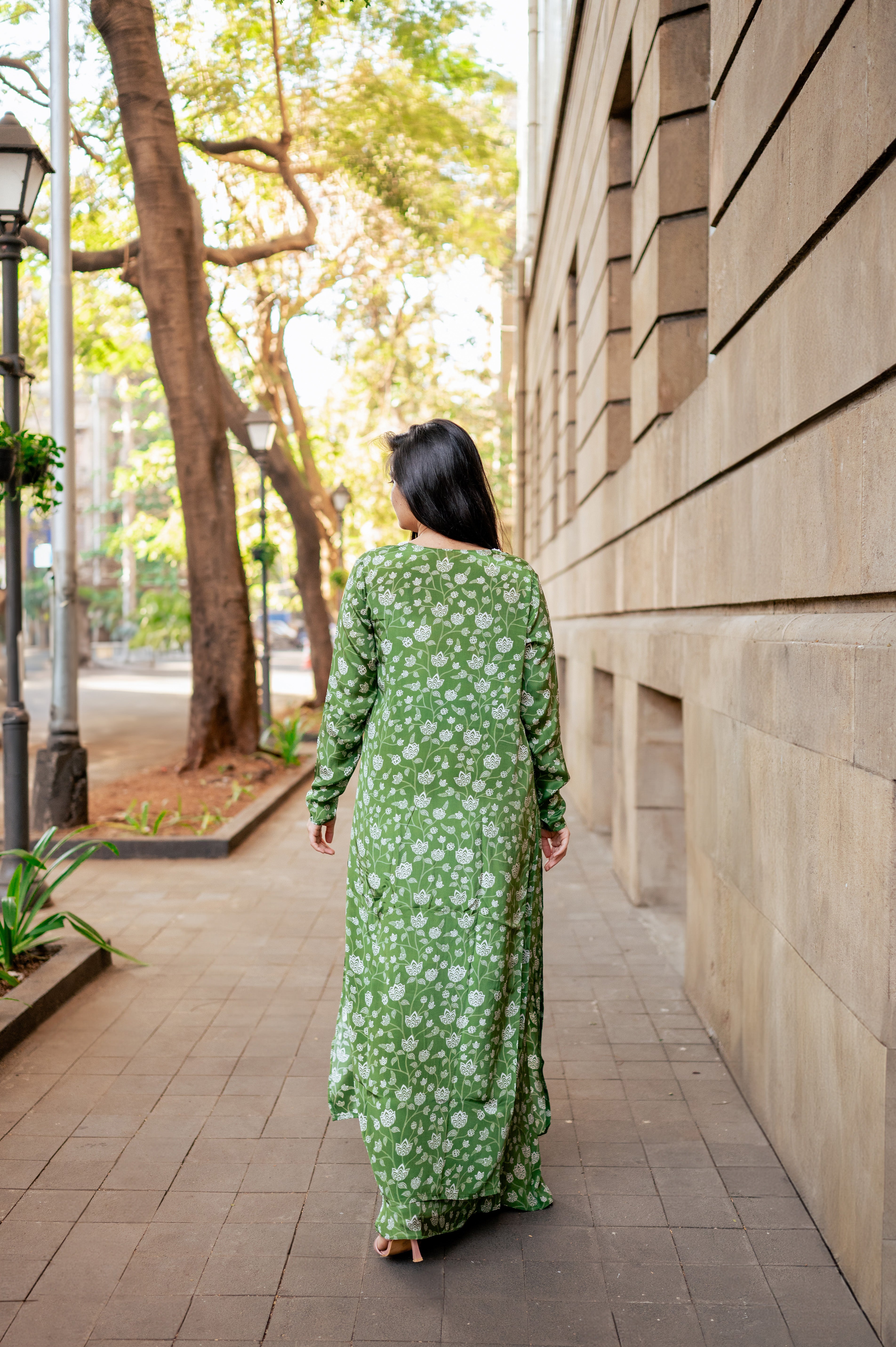 Olive Green Pleated Skirt Cape Set