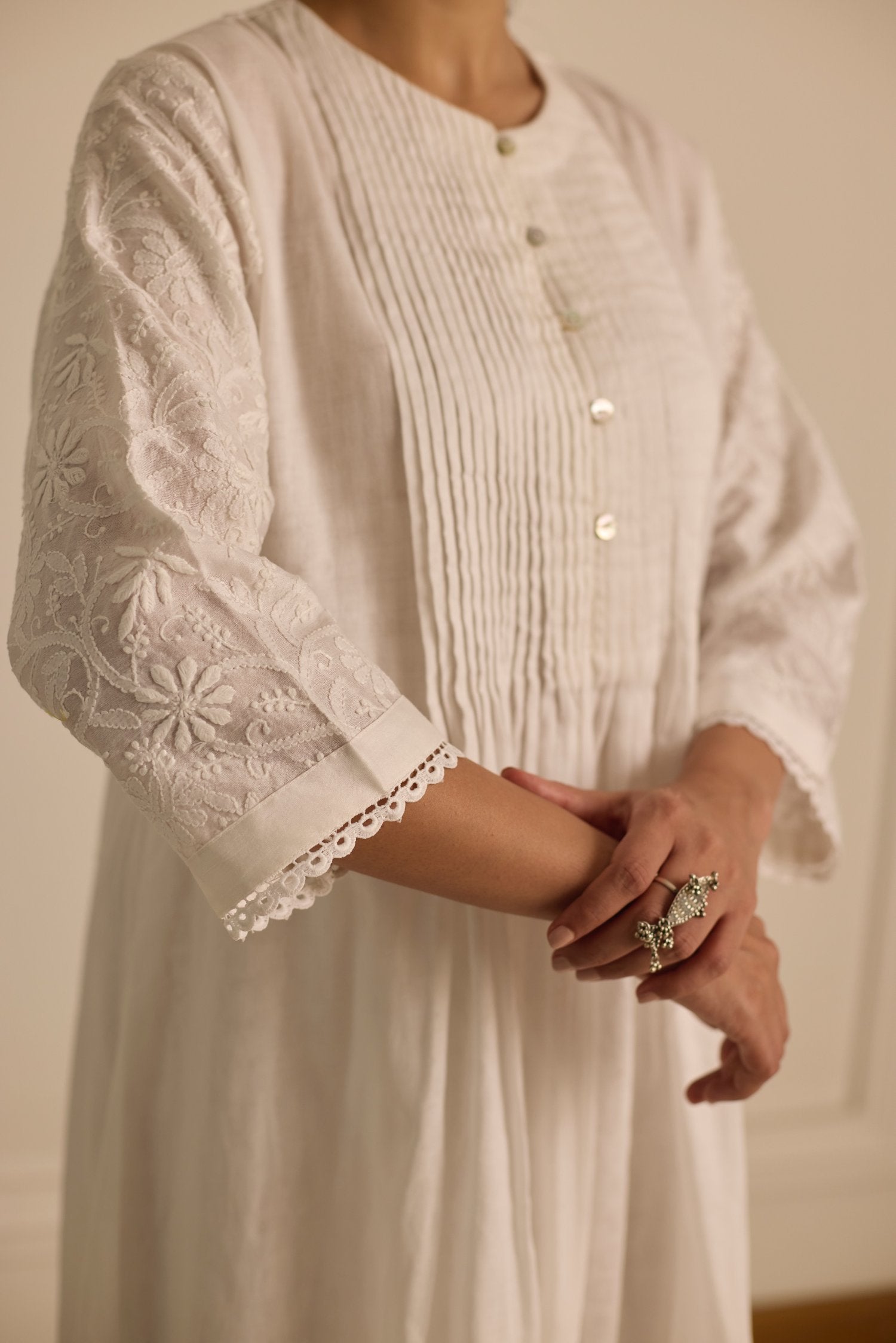 Front Pintucks And Back Yoke Kurta - White