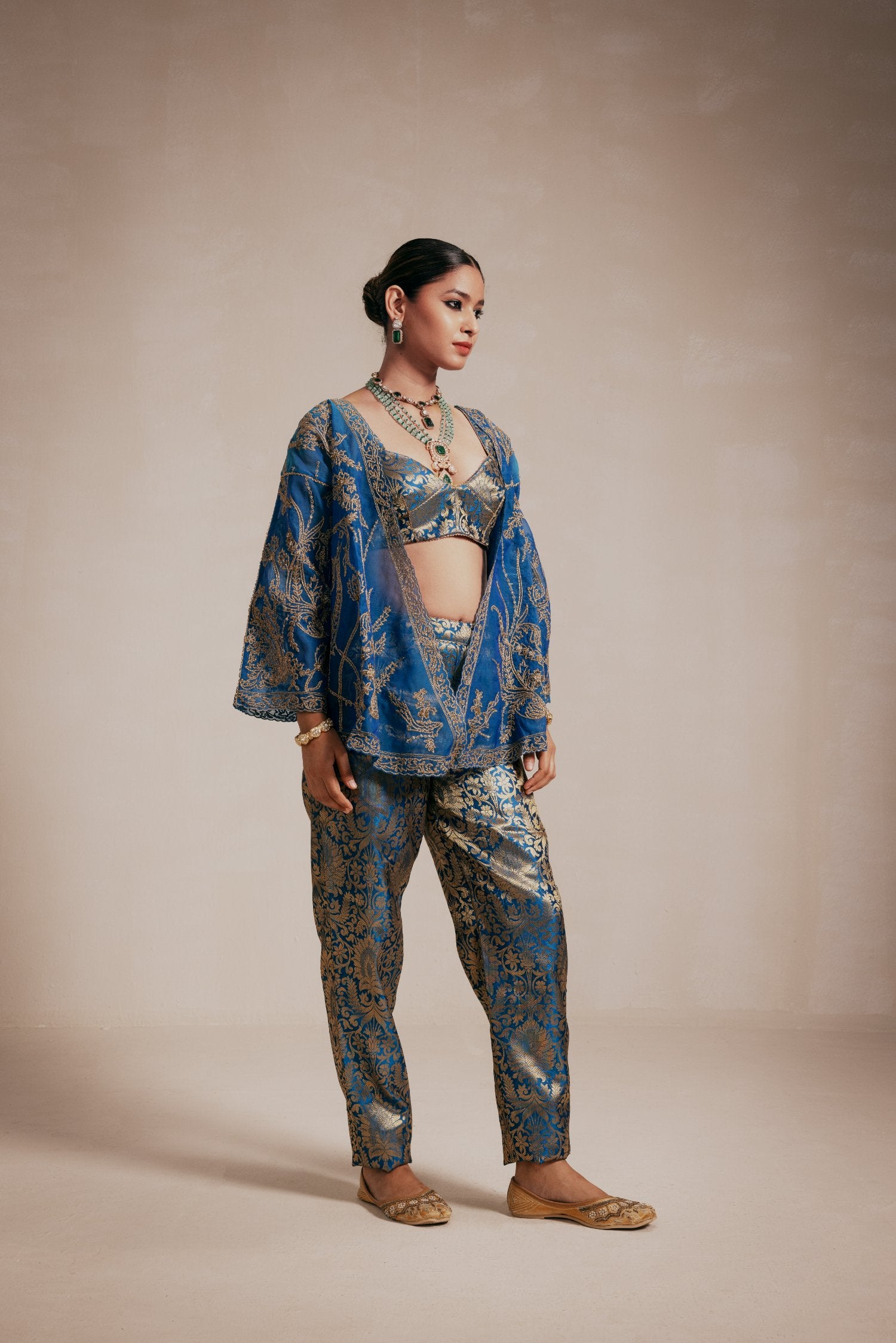 Full Embellished Teal Blue Kimono Style Jacket Set