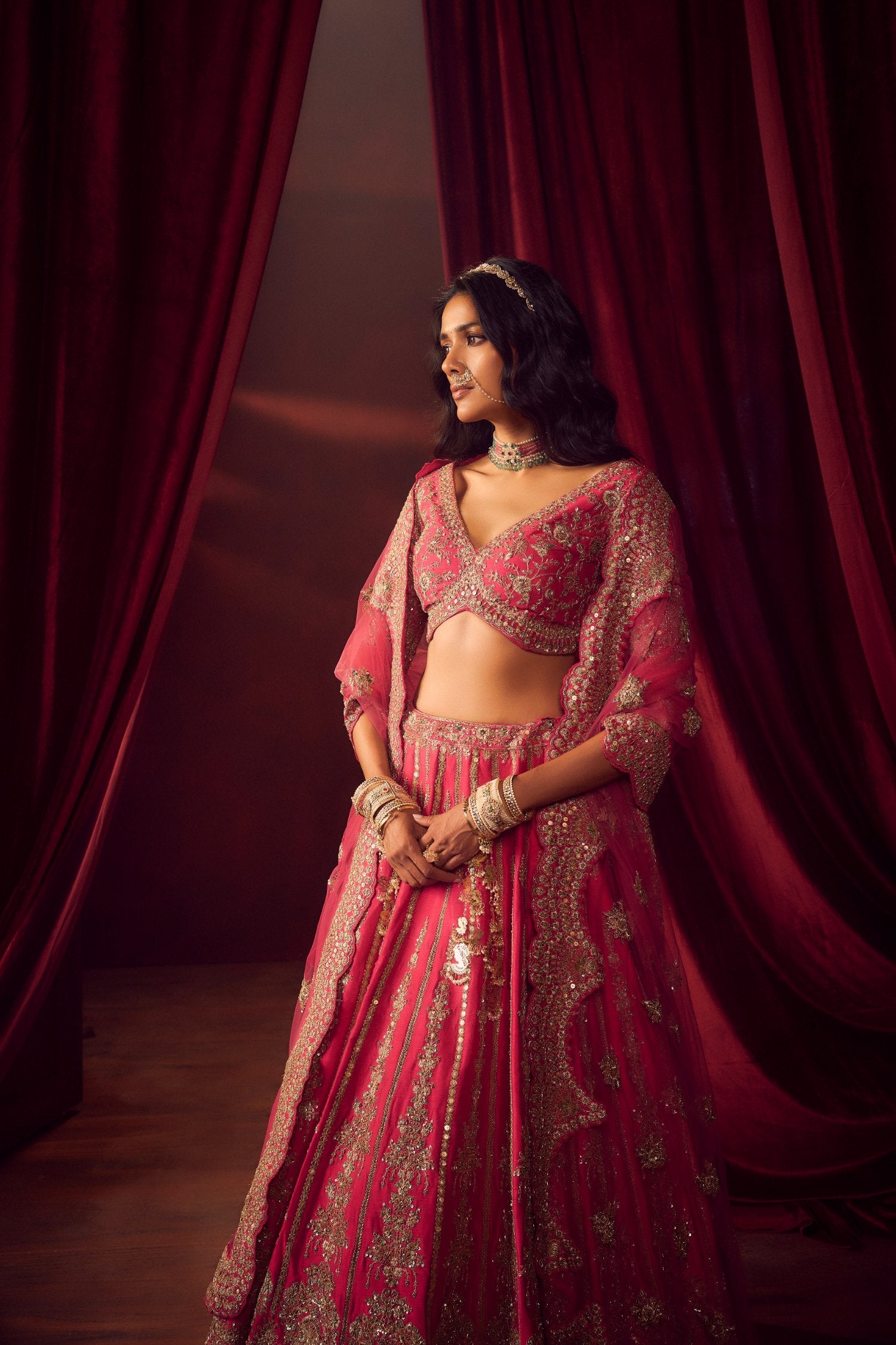 Rani Pink Raw Silk Hand & Machine Embroidered Lehenga Set