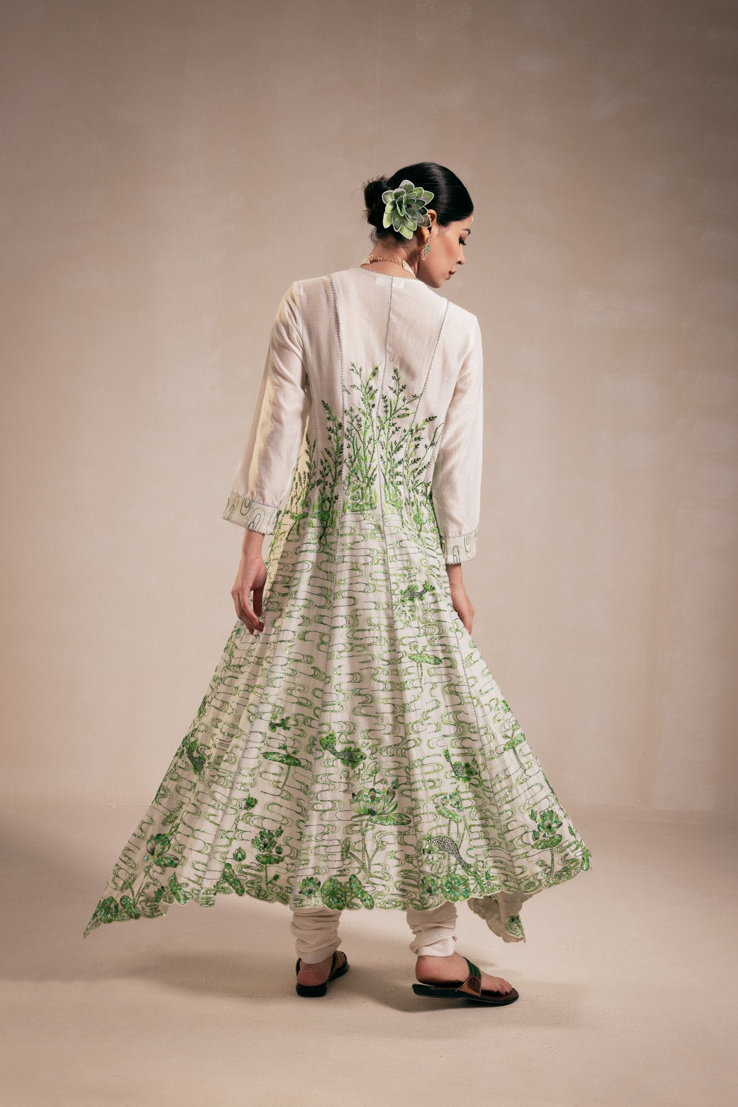 Green Chanderi High Low Anarkali With Churidar